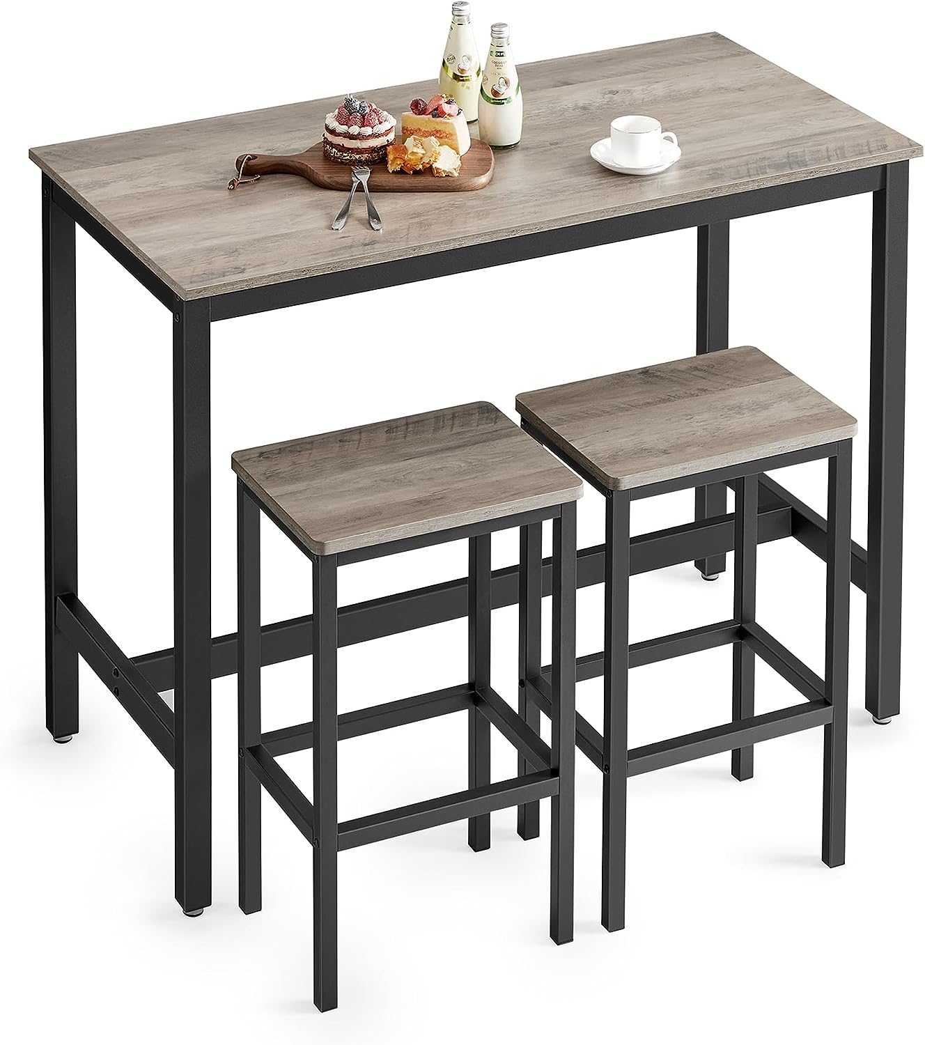 VASAGLE Bar Table Set. Bar Table with 2 Bar Stools. Dining table set. Kitchen Counter with Bar Chairs. Industrial for Kitchen. Living Room. Party Room. Greige and Black ULBT015B02
