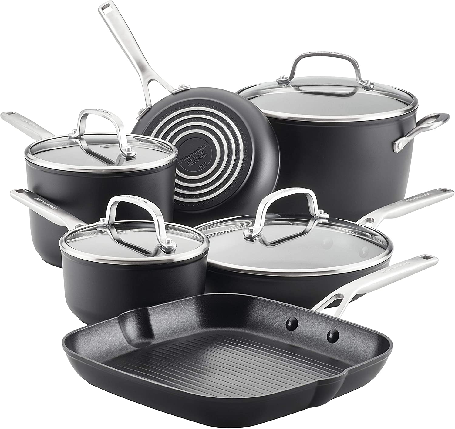 KitchenAid Hard Anodized Induction Nonstick Cookware Pots and Pans Set. 10 Piece. Matte Black
