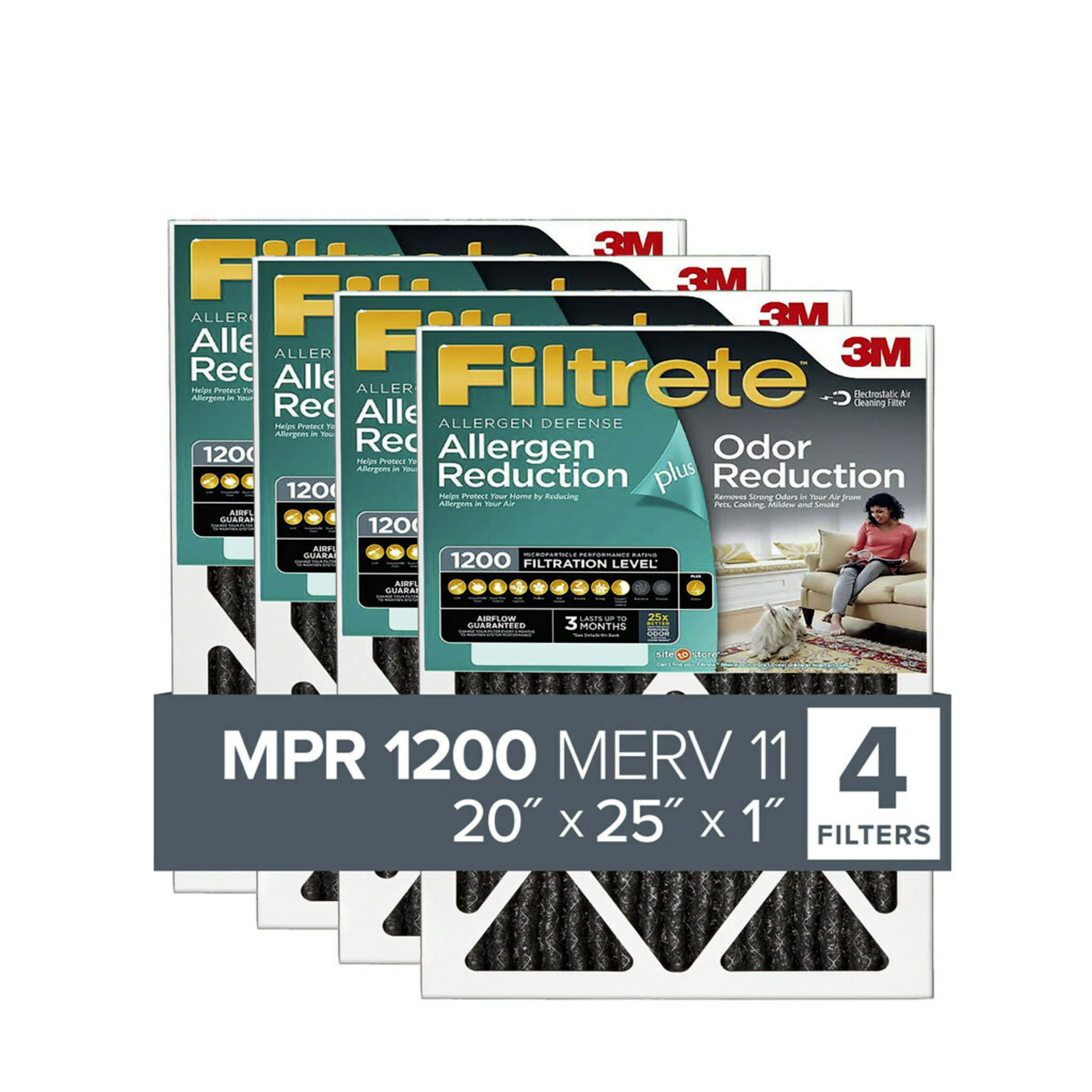 Filtrete by 3M 20x25x1. MERV 11. Allergen Plus Odor Reduction HVAC Furnace Air Filter. 1200 MPR. 4 Filters