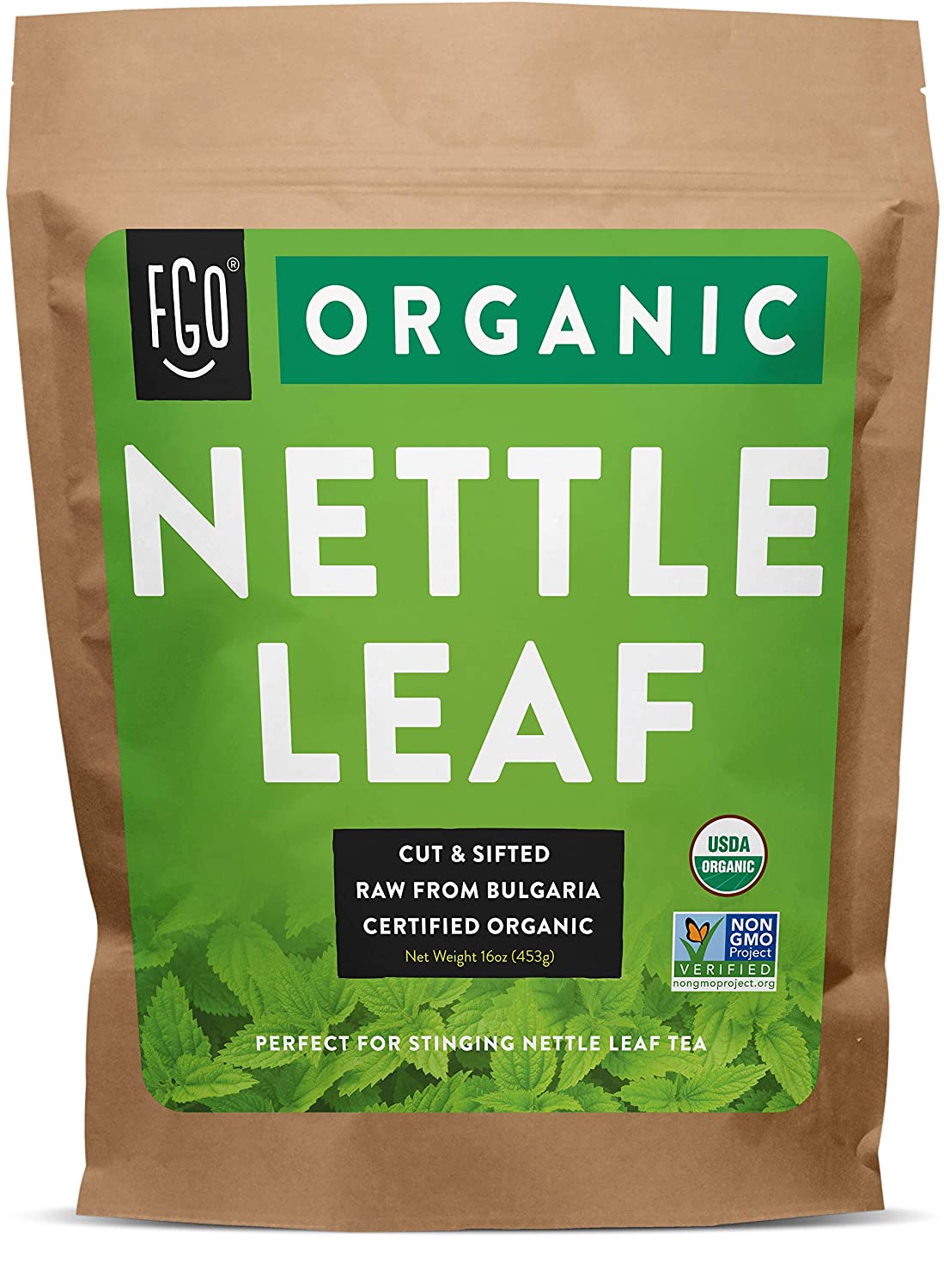 FGO Organic Nettle Leaf. Herbal Tea (200+ Cups) Cut & Sifted. 16oz Resealable Kraft Bag 100% Raw From Bulgaria