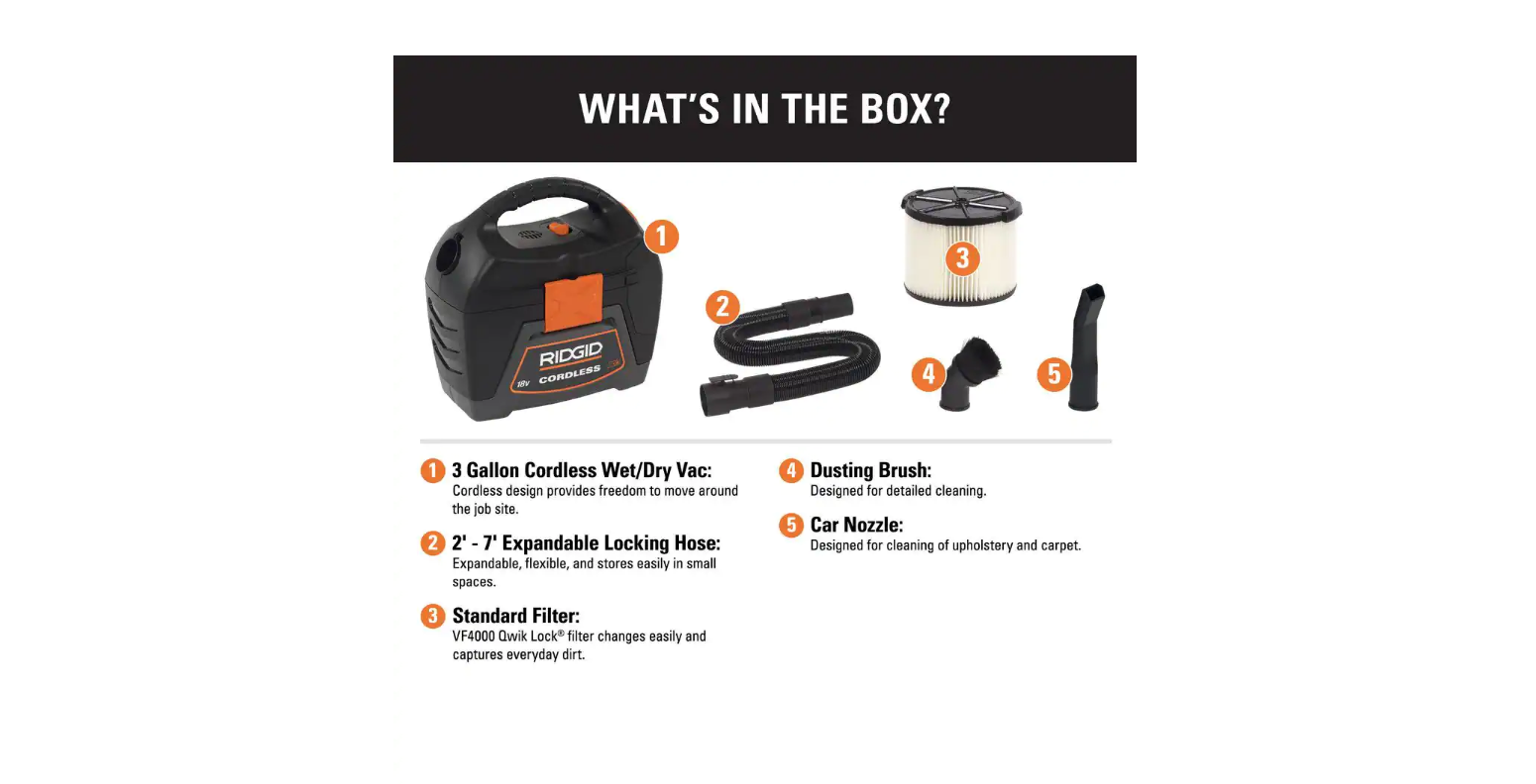 RIDGID WD0319 3 Gal. 18-Volt Cordless Handheld Wet/Dry Shop Vacuum (Tool Only) with Filter. Expandable Hose and Accessories