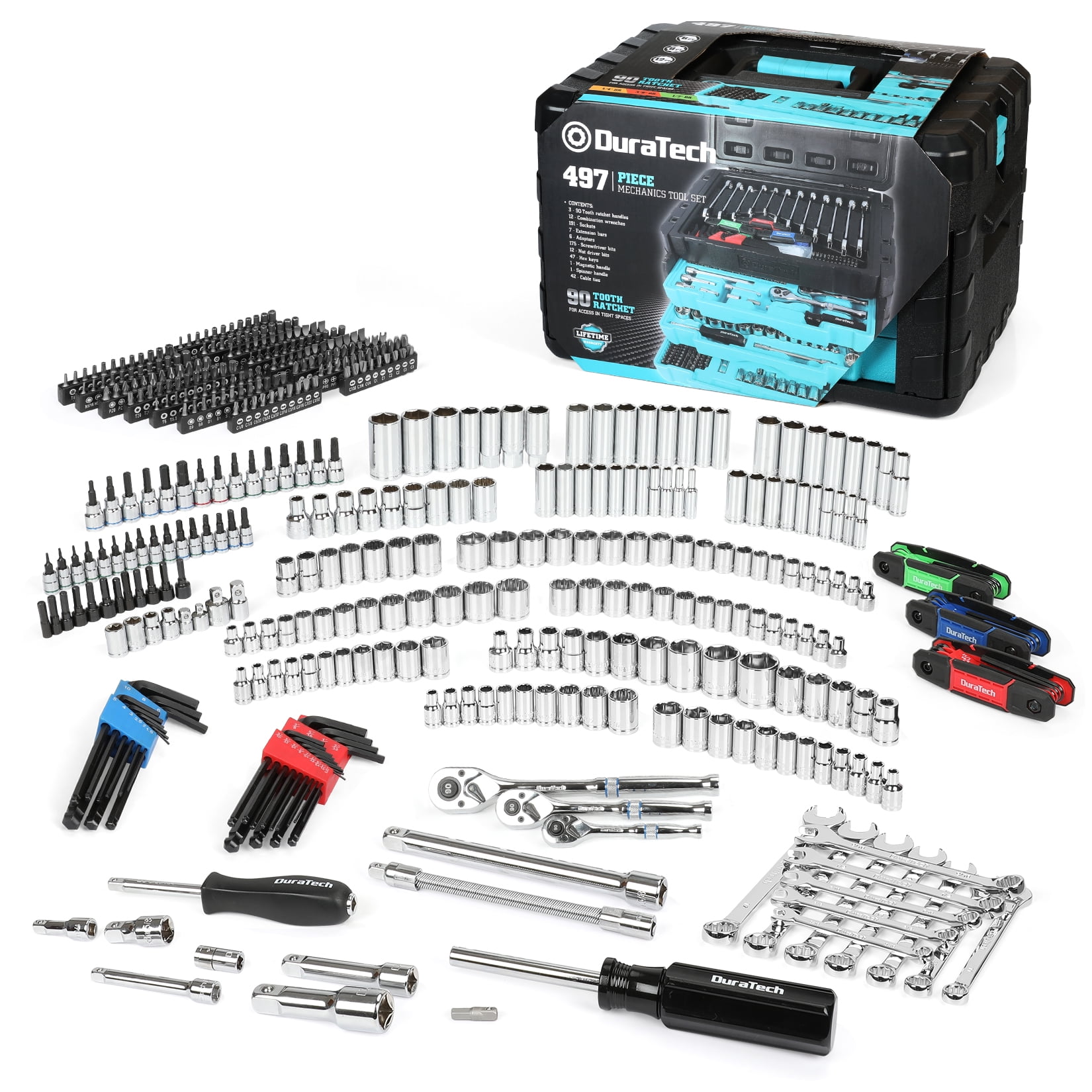DURATECH 497-Piece Mechanics Tool Set. Include SAE/Metric Sockets. 90-Tooth Ratchet and Wrench Set in 3 Drawer Tool Box