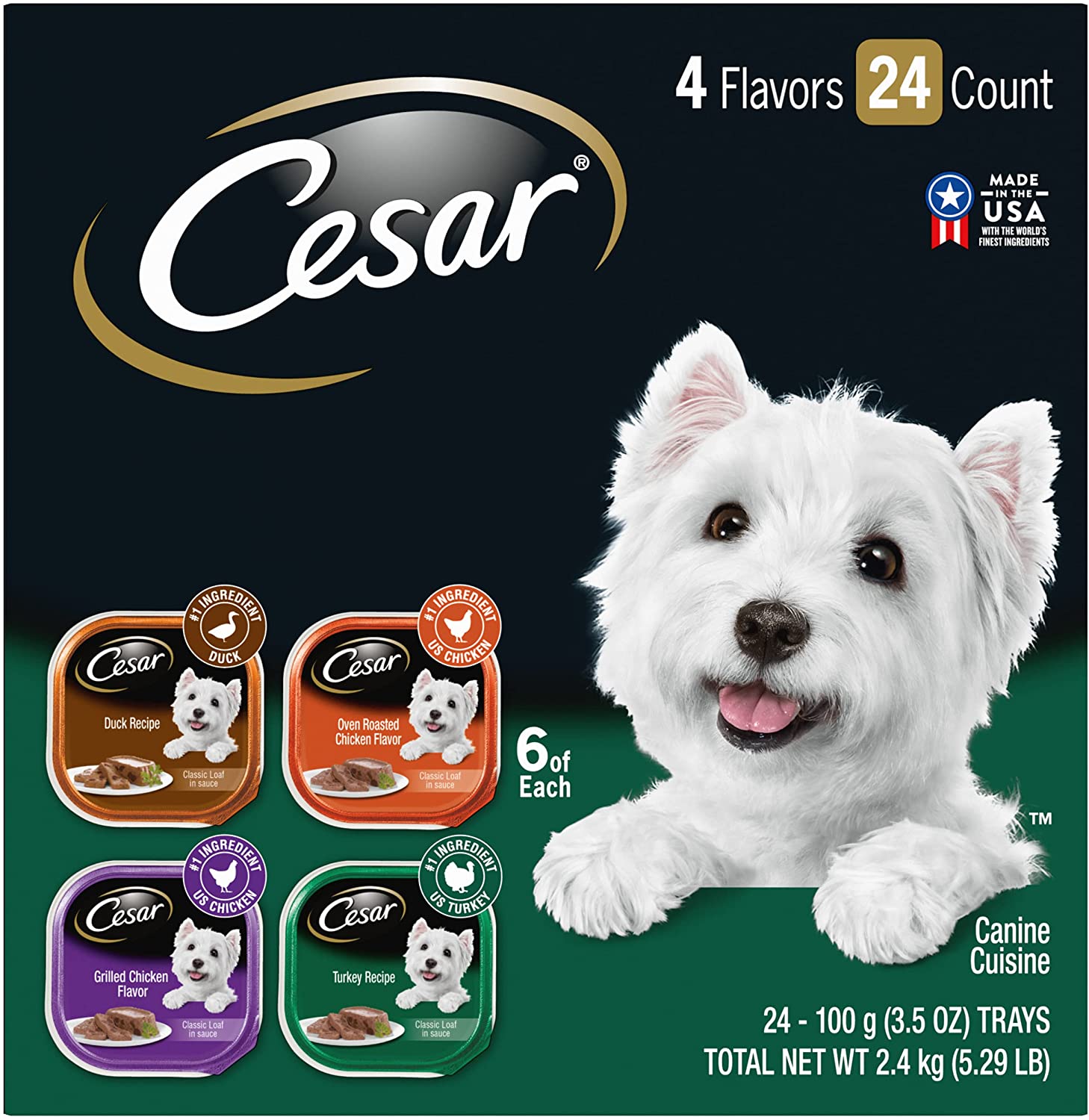 CESAR Soft Wet Dog Food Classic Loaf in Sauce Poultry Variety Pack. (24) 3.5 oz. Easy Peel Trays with Real Chicken. Turkey or Duck