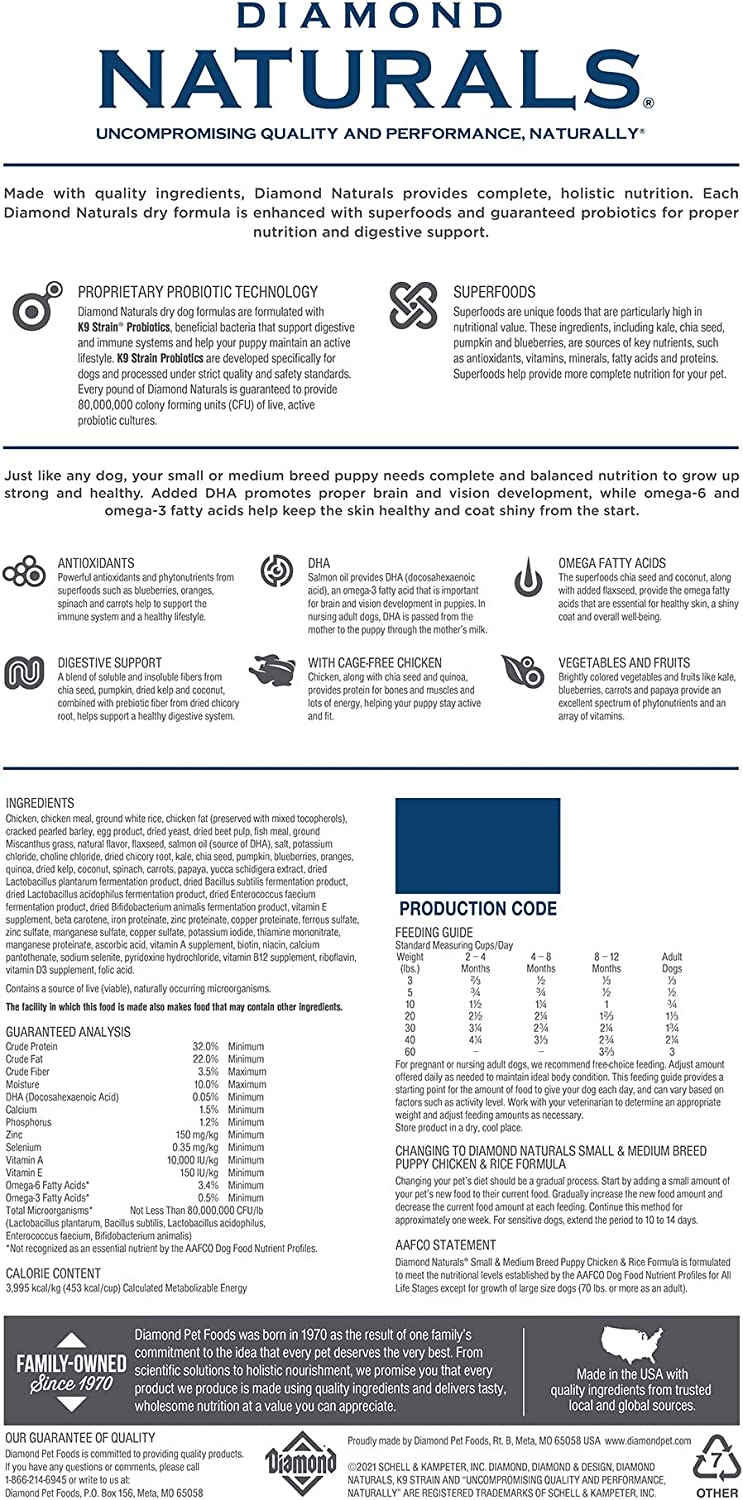 Diamond Naturals Small Breed Puppy Real Chicken Recipe High Protein Dry Dog Food 40 Pound (Pack of 1)