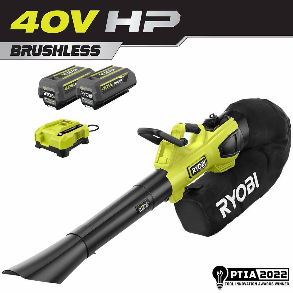 RYOBI RY404150VNM 40V HP Brushless 100 MPH 600 CFM Cordless Leaf Blower/Mulcher/Vacuum with (2) 4.0 Ah Batteries and Charger