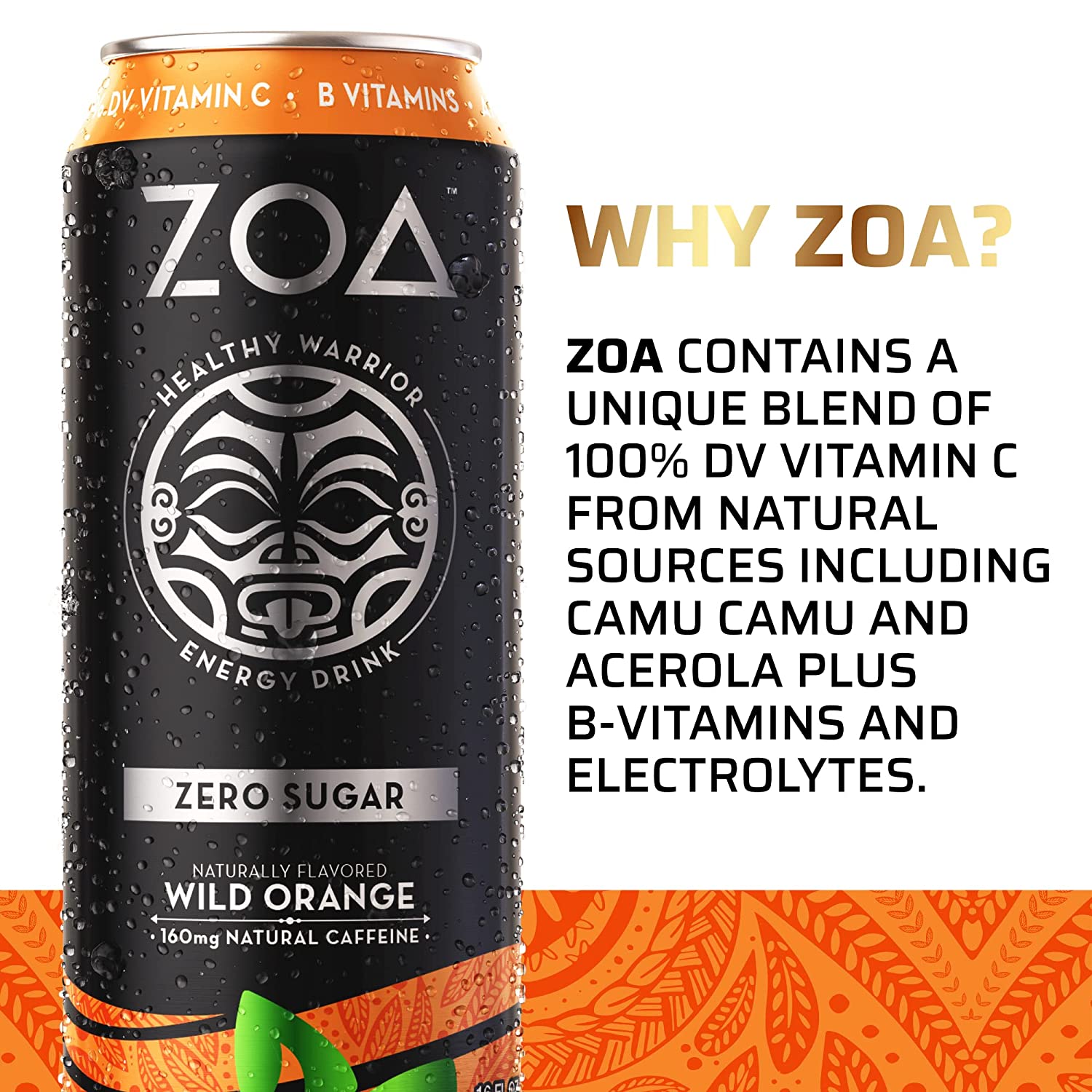 ZOA Zero Sugar Healthy. Positive Energy Drink. Wild Orange. 16 fl. oz. (12 Pack)