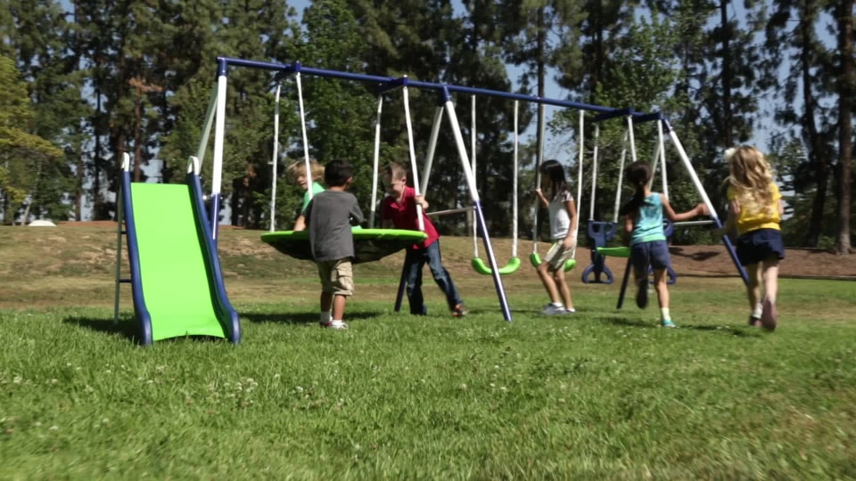 Sportspower Outdoor Super First Metal Swing Set with Trapeze. Teeter-Totter. and 6ft Heavy Duty Slide