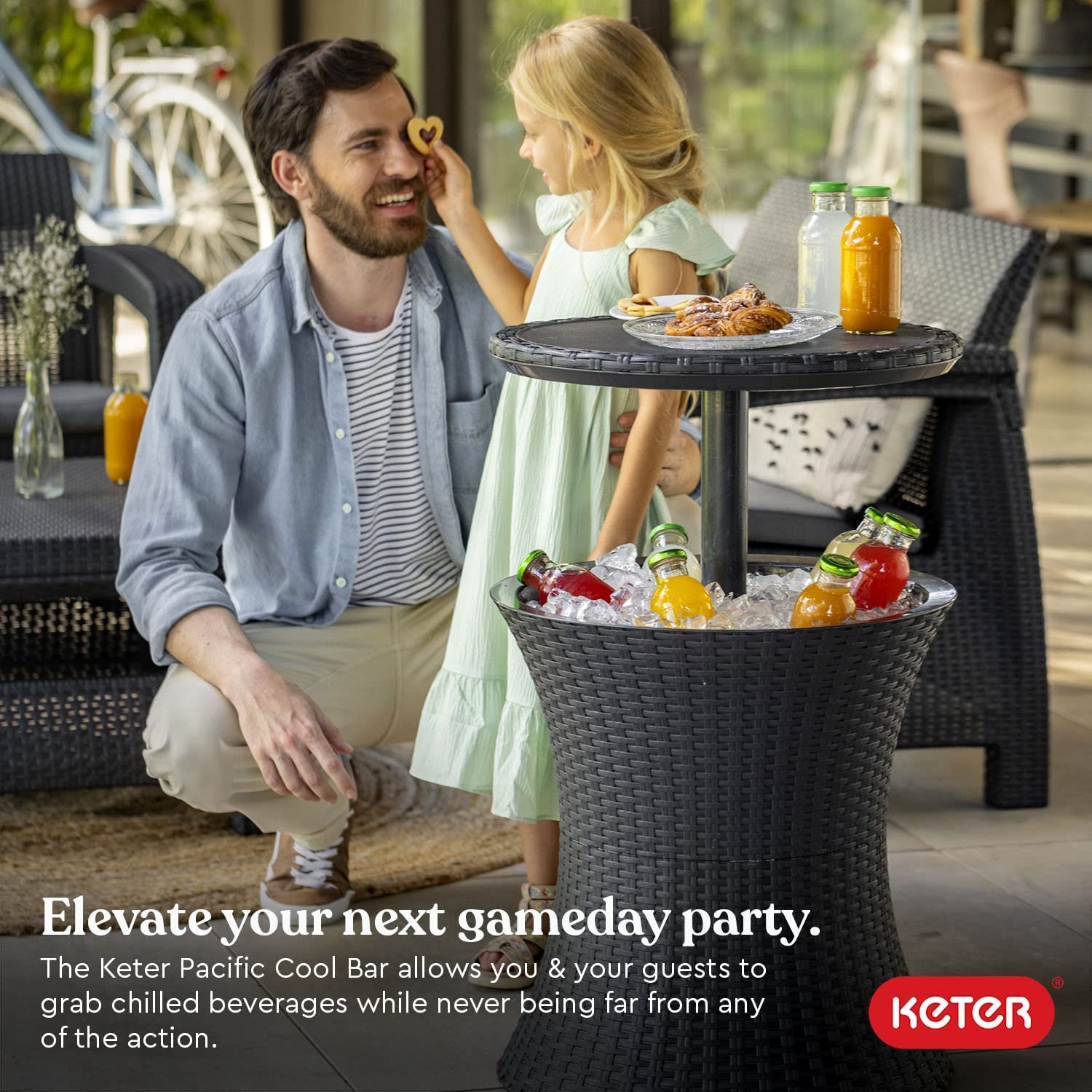 Keter Pacific Cool Bar Outdoor Patio Furniture and Hot Tub Side Table with 7.5 Gallon Beer and Wine Cooler. Grey