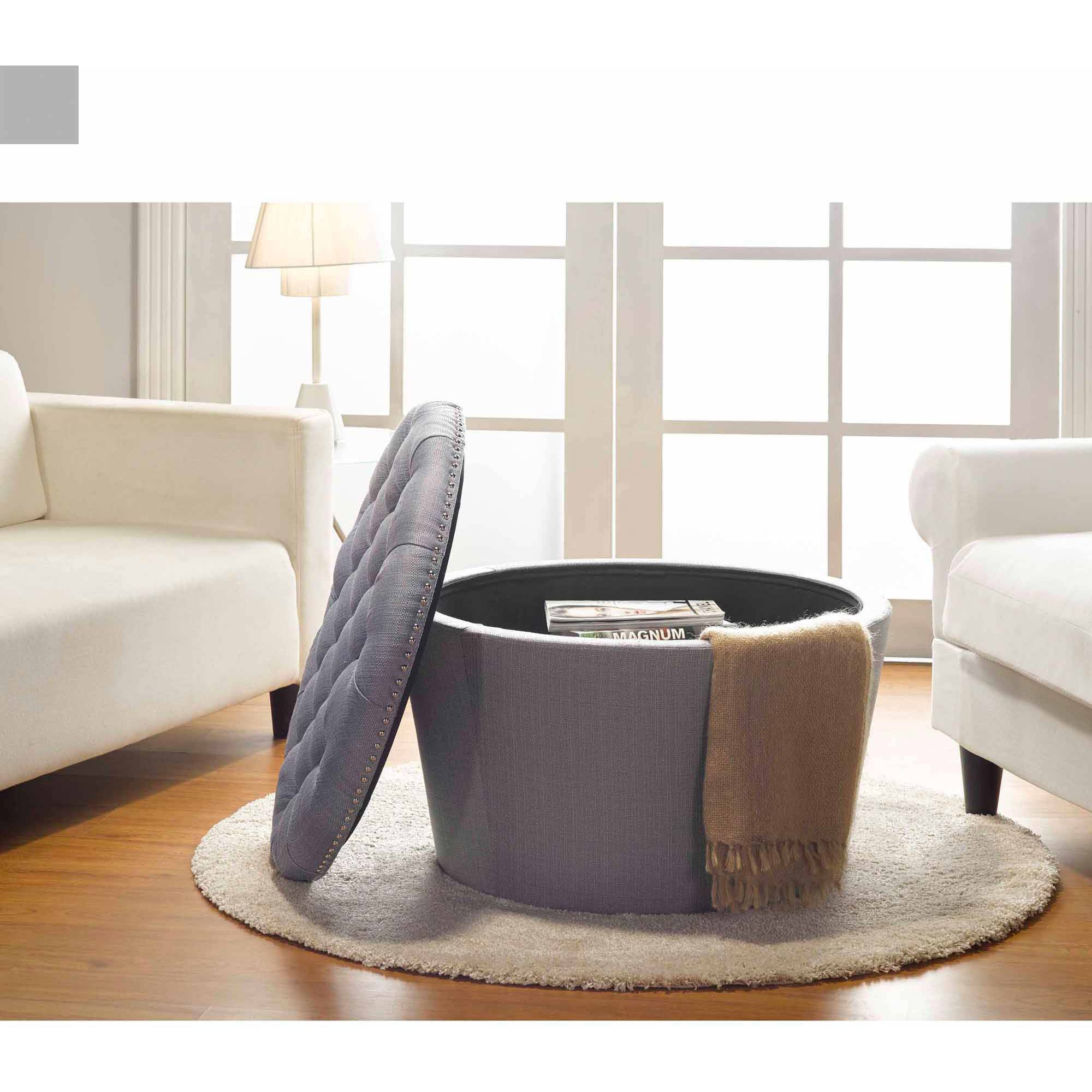 Better Homes & Gardens Round Tufted Storage Ottoman with Nailheads. Gray