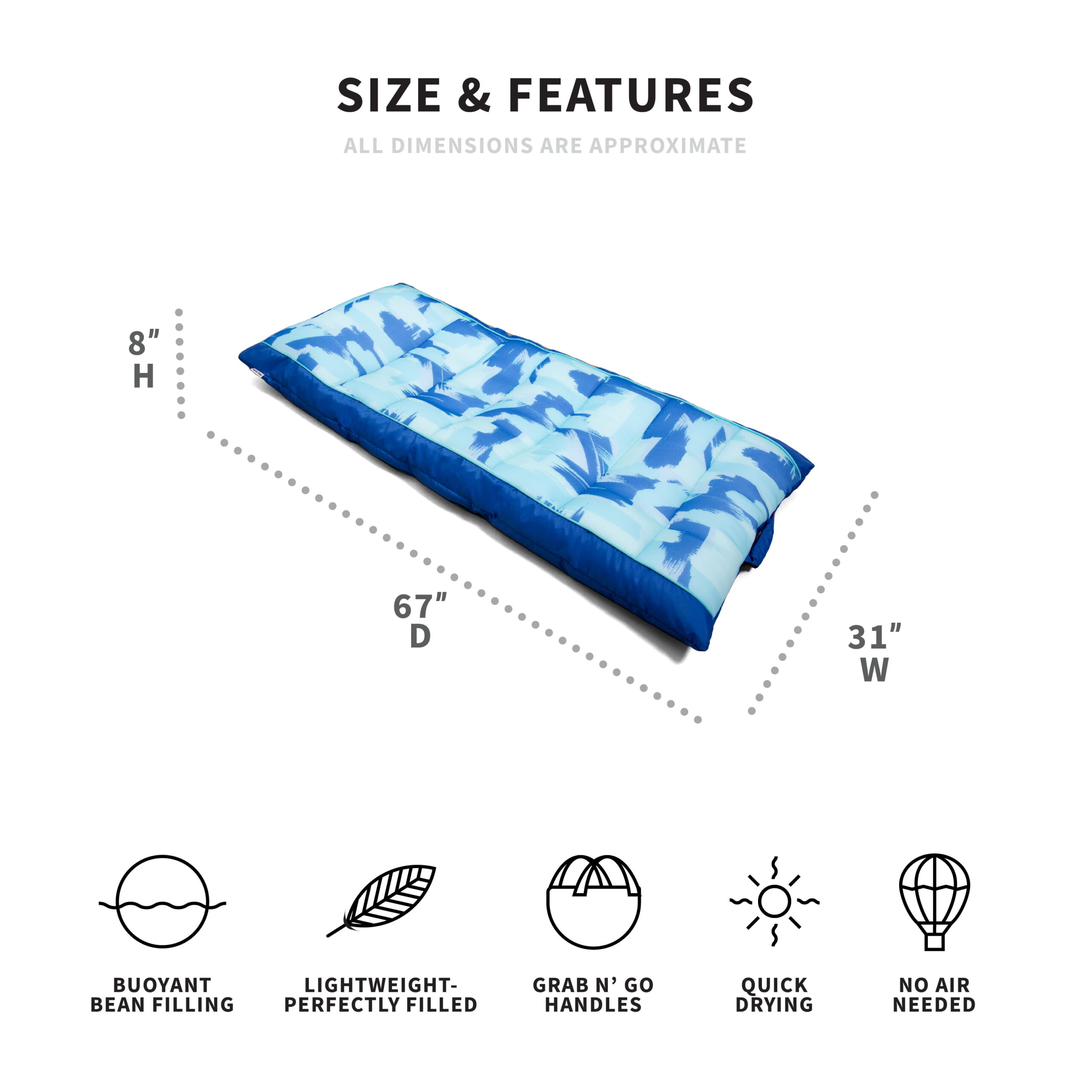 Big Joe Kona No Inflation Needed Pool Lounger with Headrest. Paintbrush Blue Double Sided Mesh. 5.5ft Big