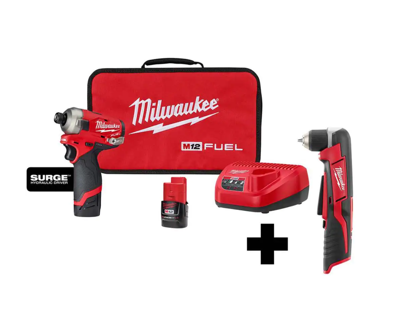 Milwaukee 2551-22-2415-20 M12 FUEL SURGE 12V Lithium-Ion Brushless Cordless 1/4 in. Hex Impact Driver Compact Kit with M12 Right Angle Drill