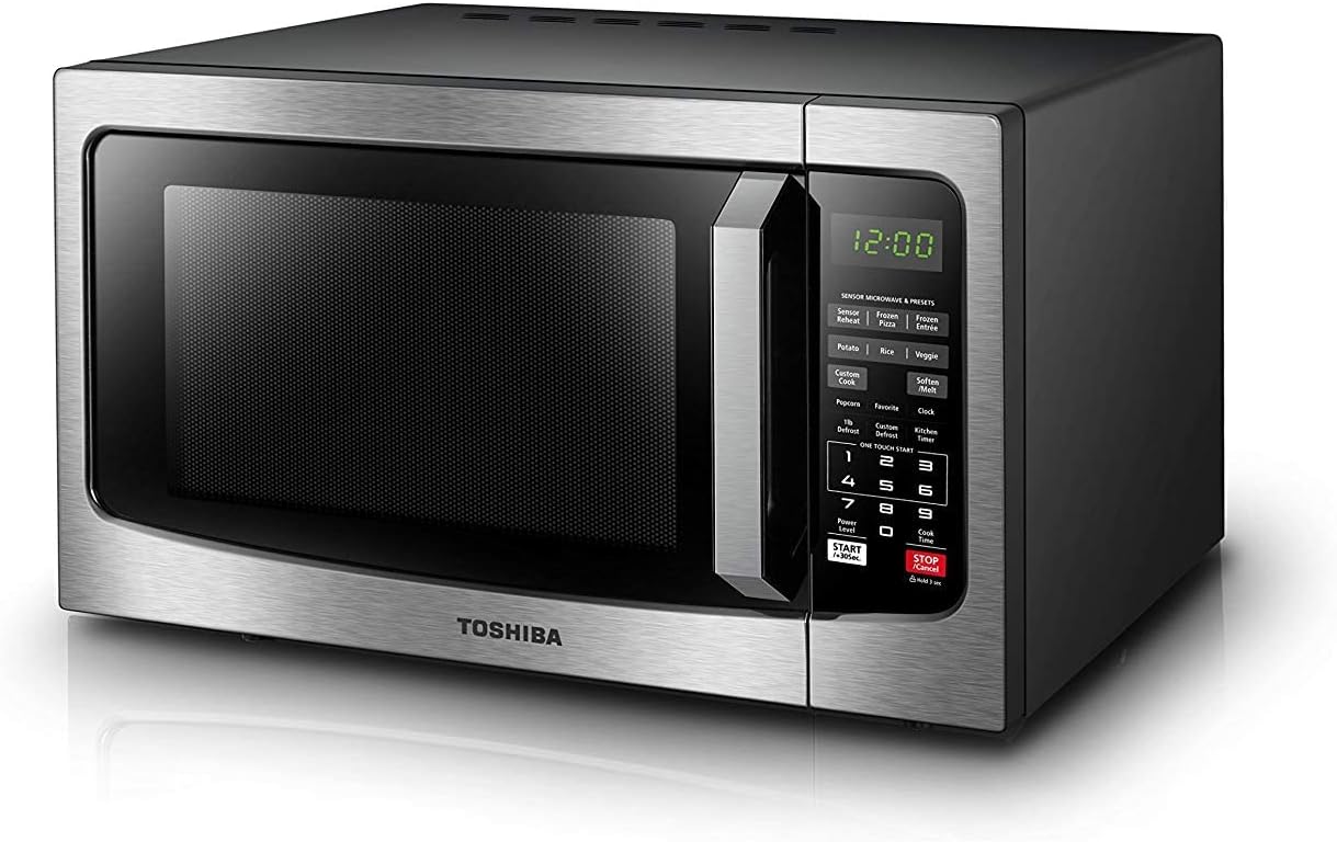 TOSHIBA EM131A5C-SS Countertop Microwave Oven. 1.2 Cu Ft with 12.4″ Turntable. Smart Humidity Sensor with 12 Auto Menus. Mute Function & ECO Mode. Easy Clean Interior. Stainless Steel & 1100W