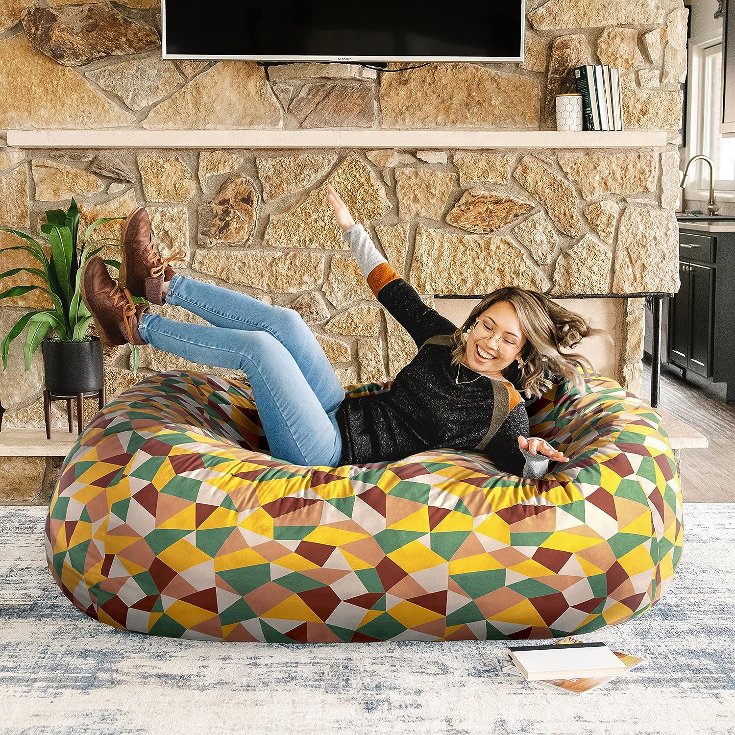 Big Joe Fuf Media Lounger Foam Filled Bean Bag Chair. Retro Geo Plush. 6ft Giant