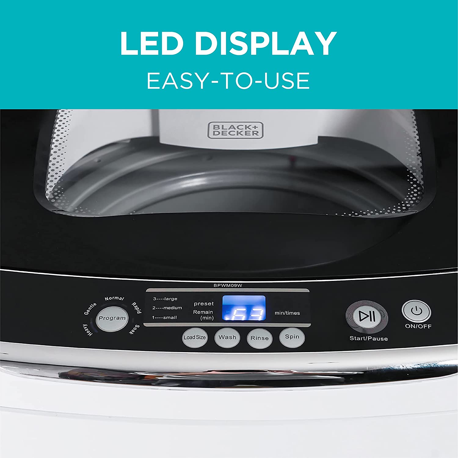 BLACK+DECKER Small Portable Washer. Washing Machine for Household Use. Portable Washer 0.9 Cu. Ft. with 5 Cycles. Transparent Lid & LED Display