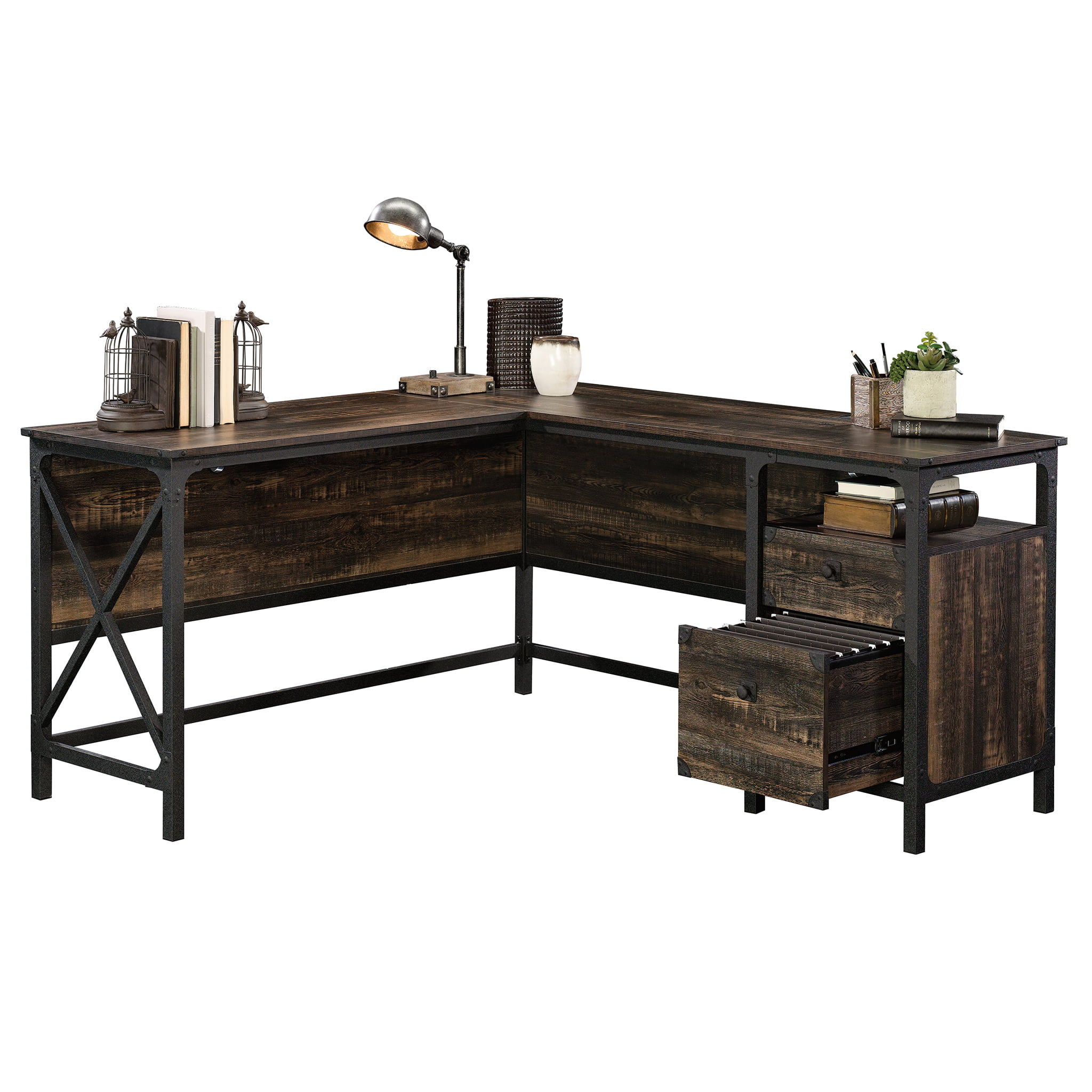 Sauder 423976 Steel River L-Desk. Carbon Oak Finish