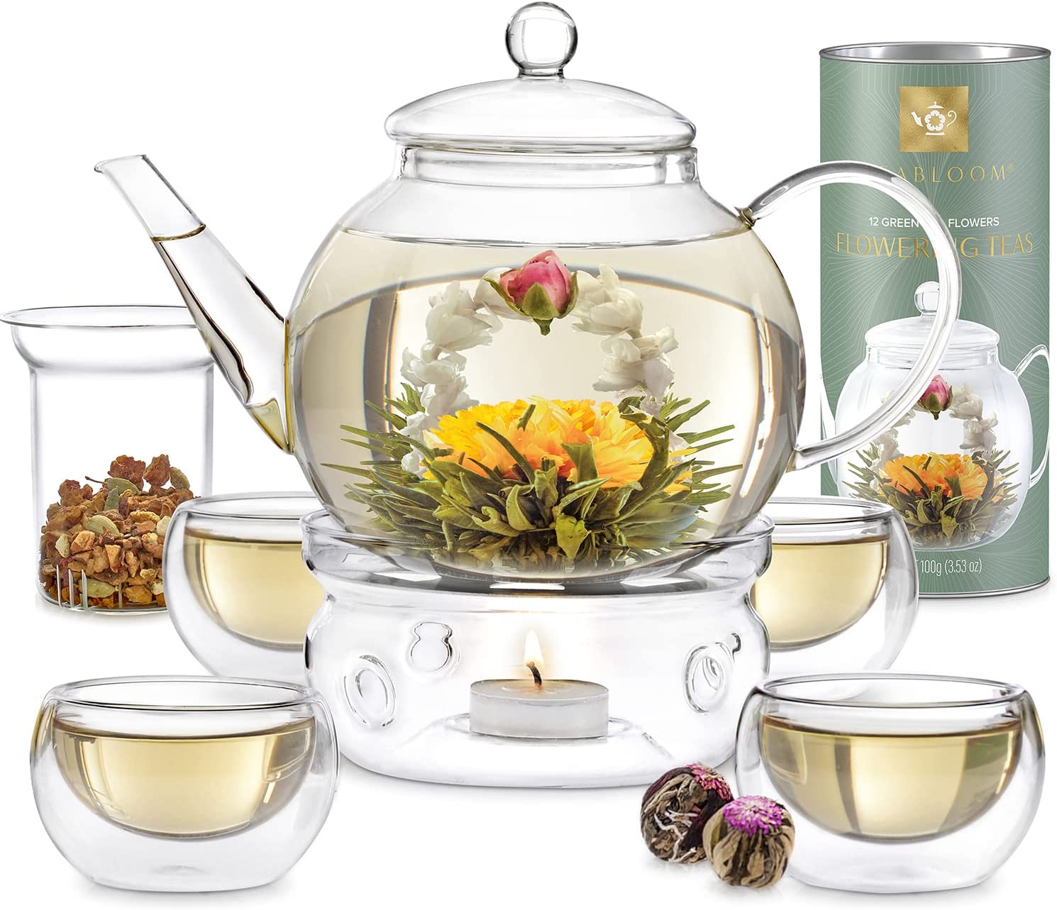 Teabloom Complete Tea Set – Glass Teapot (40 OZ). Loose Tea Glass Infuser. 4 Insulated Glass Teacups. Tea Warmer. and 12 Flowering Teas – Elegant Blooming Tea Gift Set