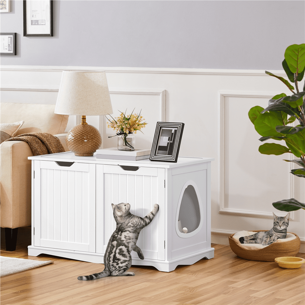 SmileMart Wooden Cat Litter Box Side Table Washroom Storage Bench with Divider. White