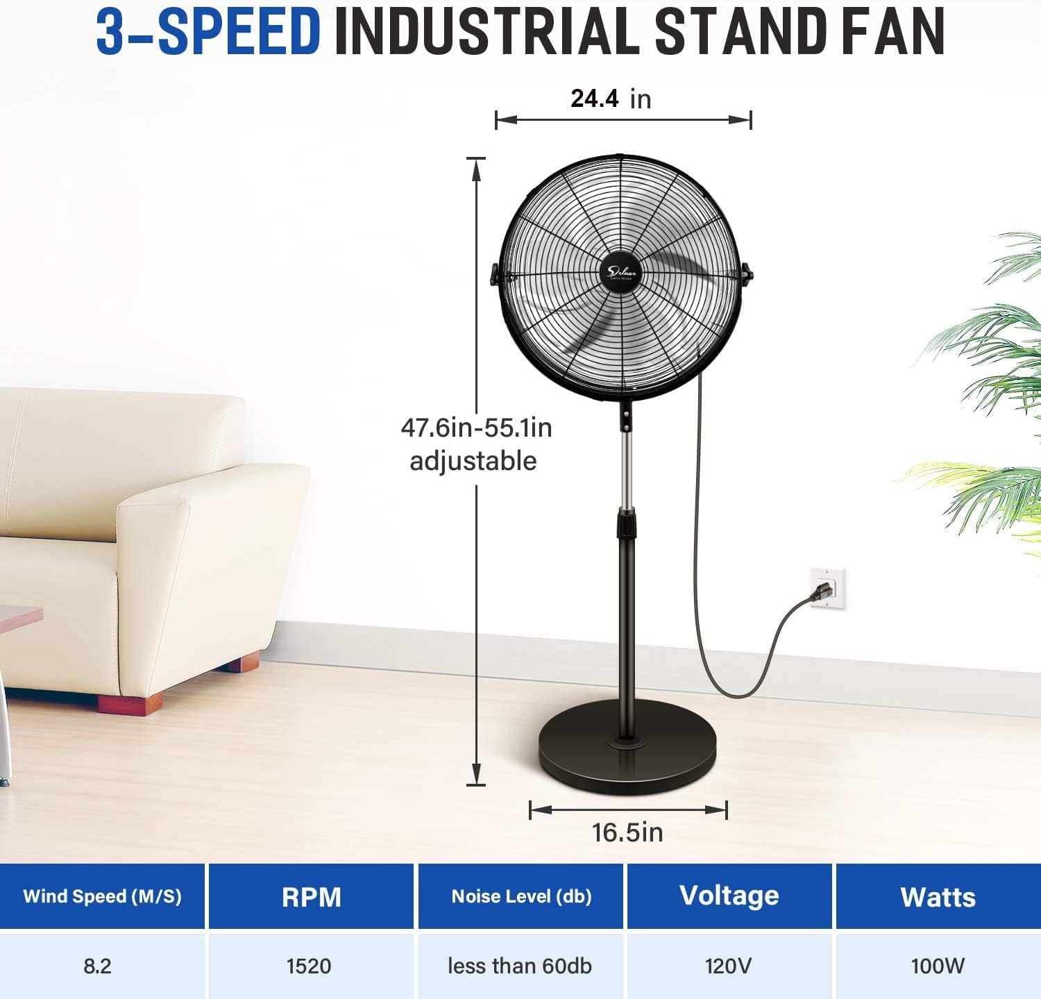 Simple Deluxe 20 Inch Pedestal Standing Fan. High Velocity. Heavy Duty Metal For Industrial. Commercial. Residential. Greenhouse Use. Black