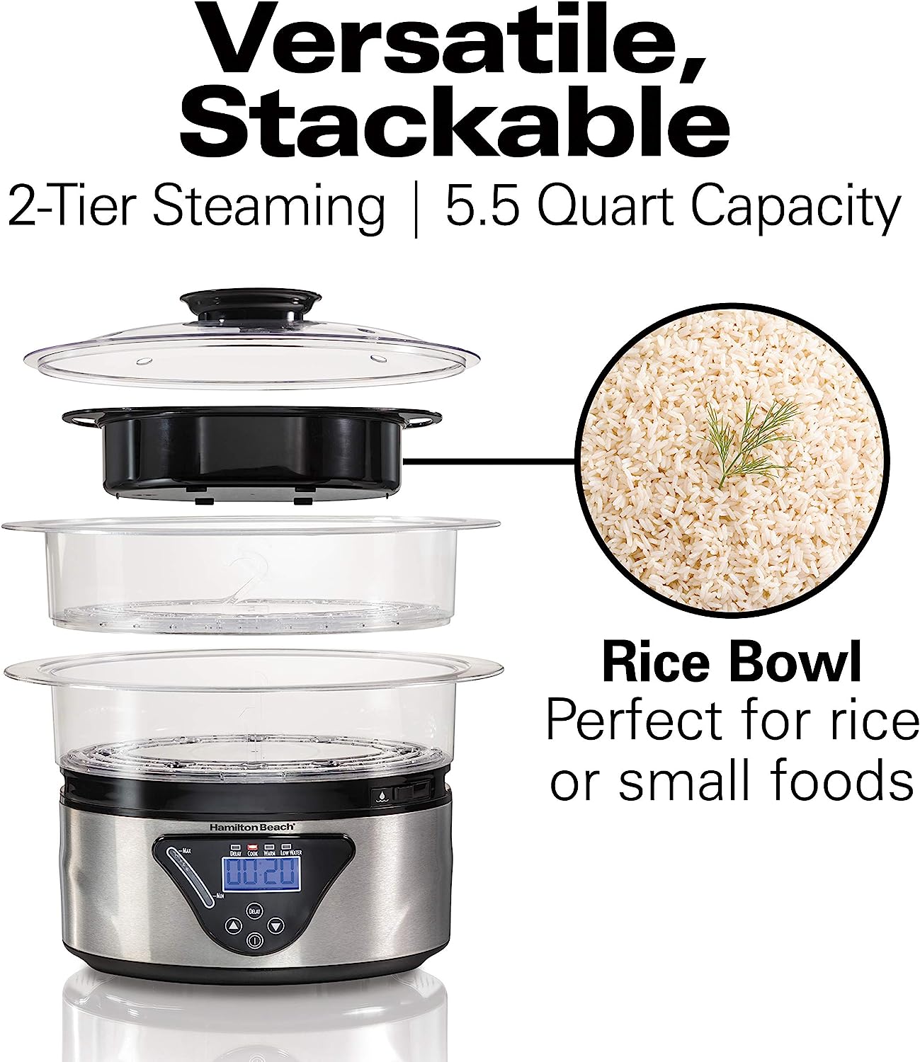 Hamilton Beach Digital Electric Food Steamer & Rice Cooker for Quick. Healthy Cooking for Vegetables and Seafood. Stackable Two-Tier Bowls. 5.5 Quart. Black & Stainless Steel