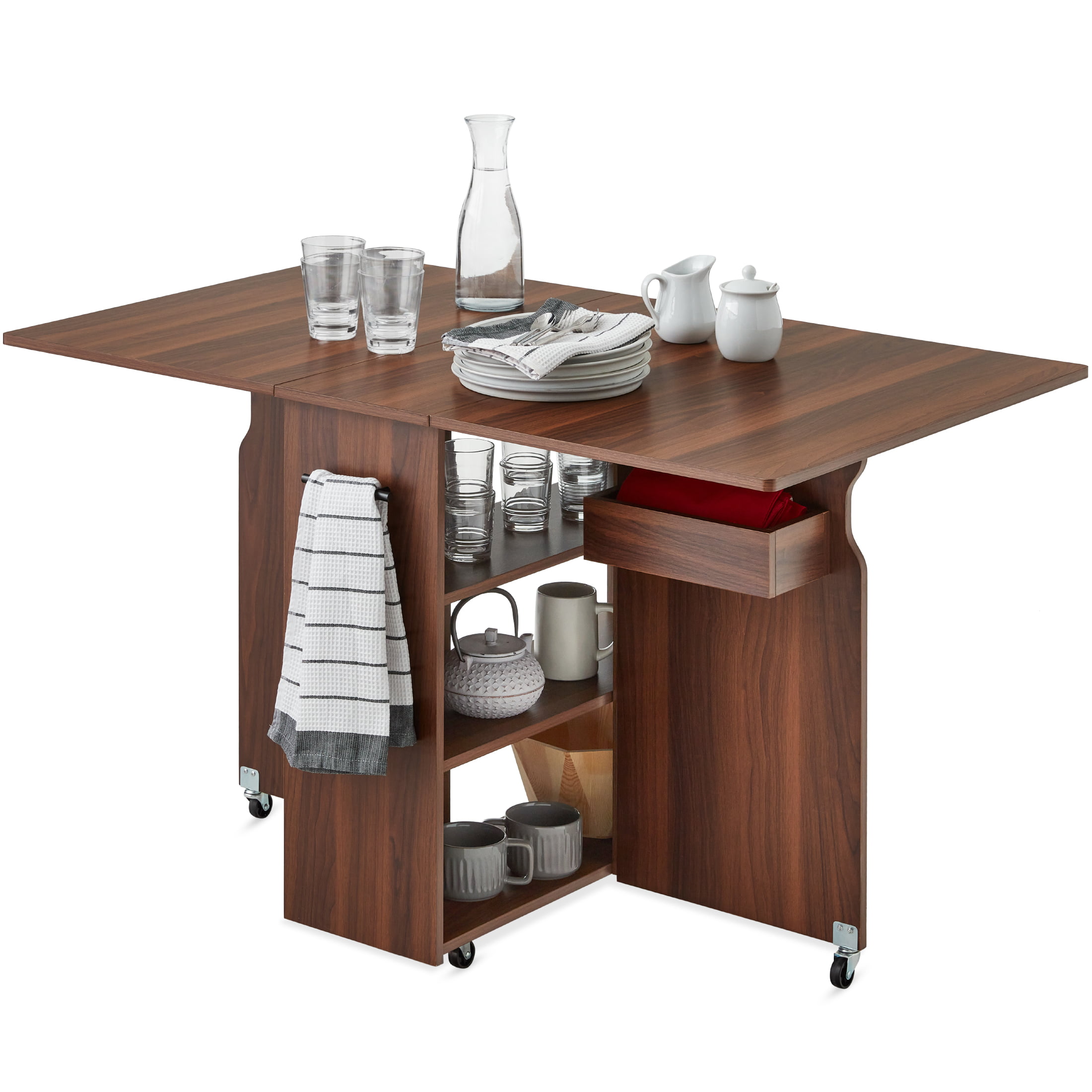 Best Choice Products Multipurpose Folding Table w/ Built-in Wheels. 3 Storage Shelves. Cubby. Carrying Handle - Brown