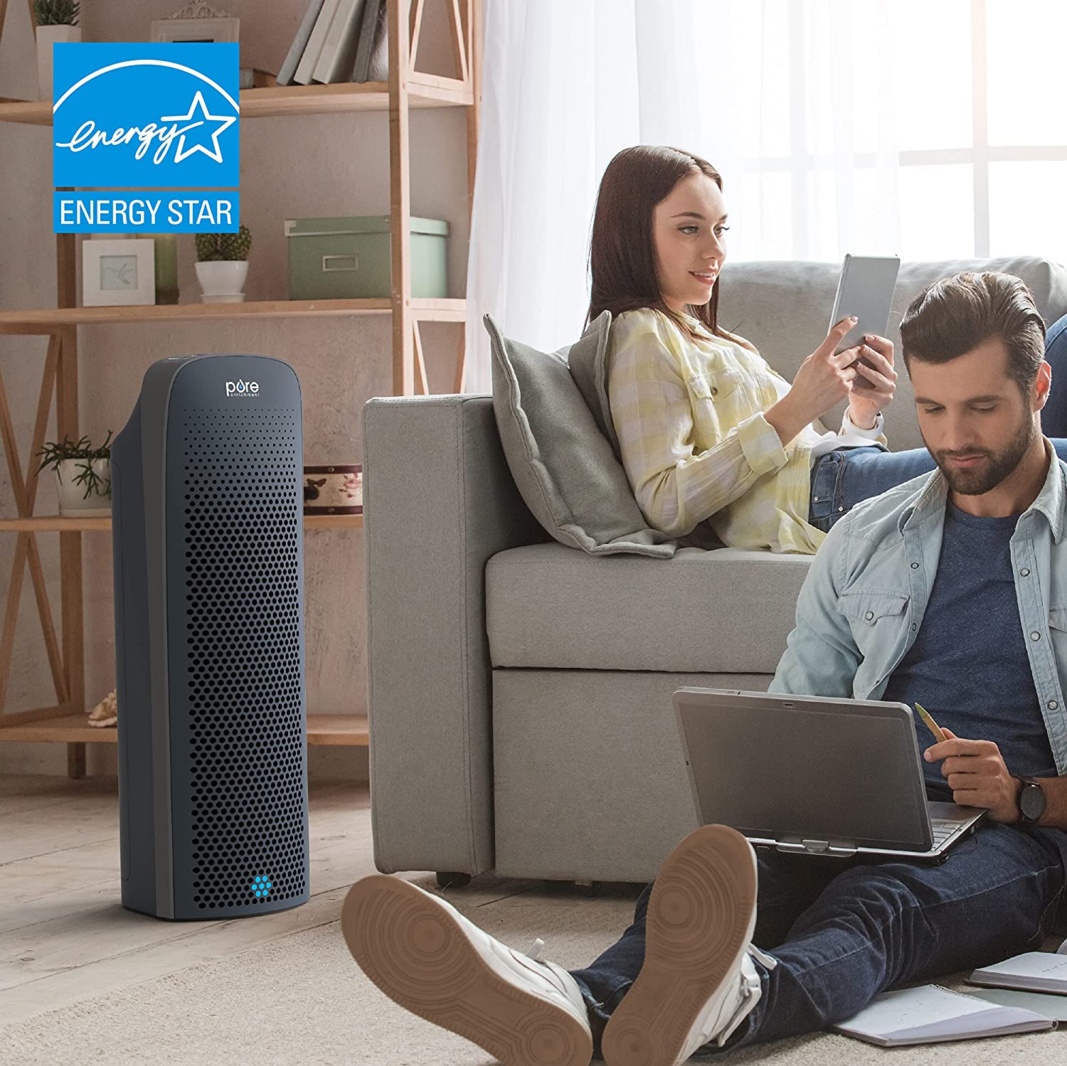 Pure Enrichment® PureZone™ Elite True HEPA Large Room Tower Air Purifier with Air Quality Monitor. 4 Stage Filtration and UV-C Light. Helps Destroy Bacteria. Smoke. Pollen & Dust (Graphite)