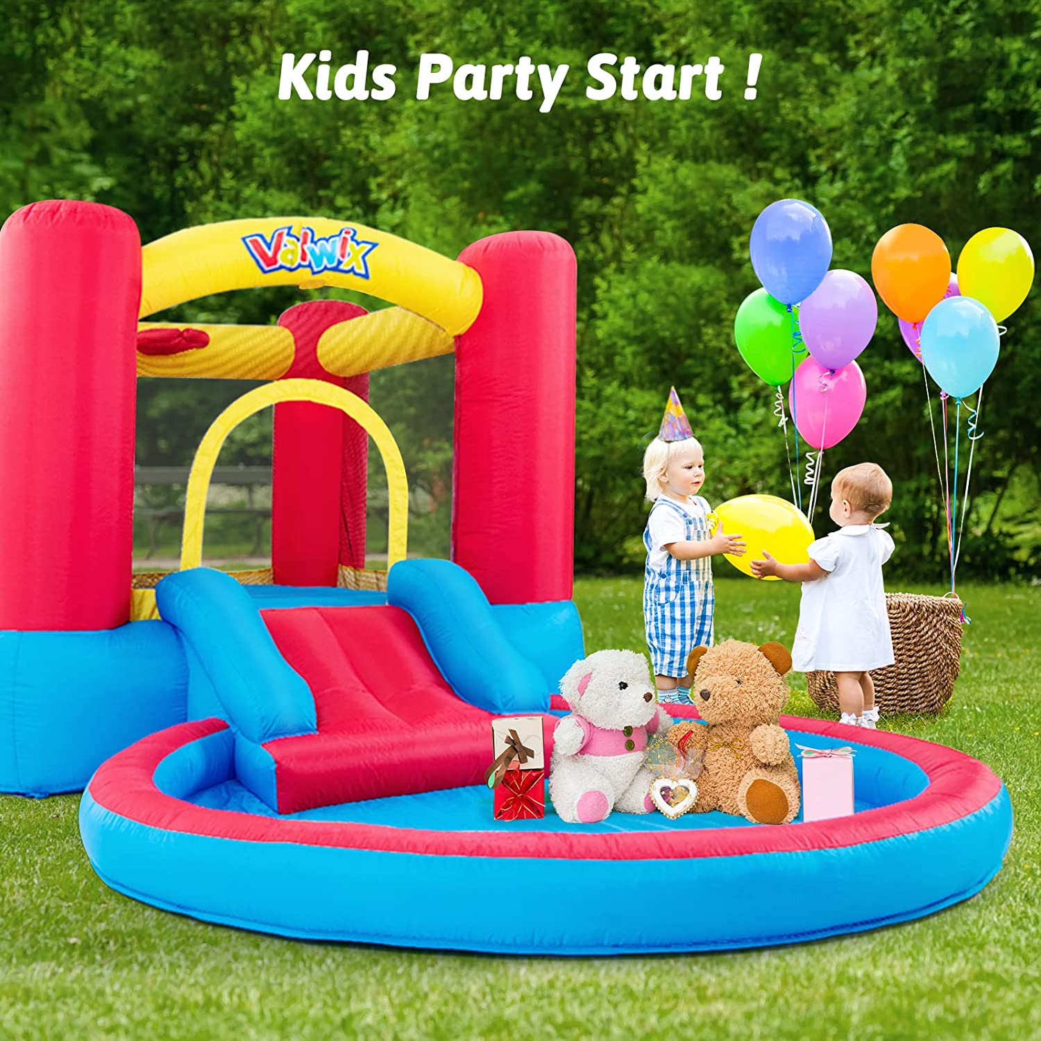 Valwix Inflatable Bounce House with Blower for Kids 3-5 y/o. Bouncy Castle w/Waterslide & Pool for Wet Dry Combo. Bouncer w/Repair Kits. Fun Bounce Area with Basketball Hoop. Blue & Red