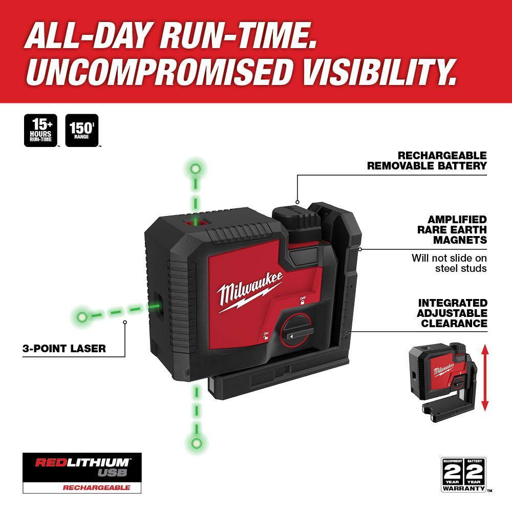 Milwaukee 3510-21 Green 100 ft. 3-Point Rechargeable Laser Level with REDLITHIUM Lithium-Ion USB Battery and Charger