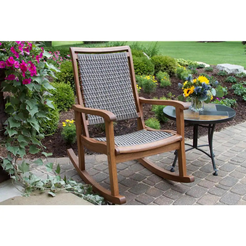 Outdoor Interiors Grey Wicker and Eucalyptus Outdoor Rocking Chair
