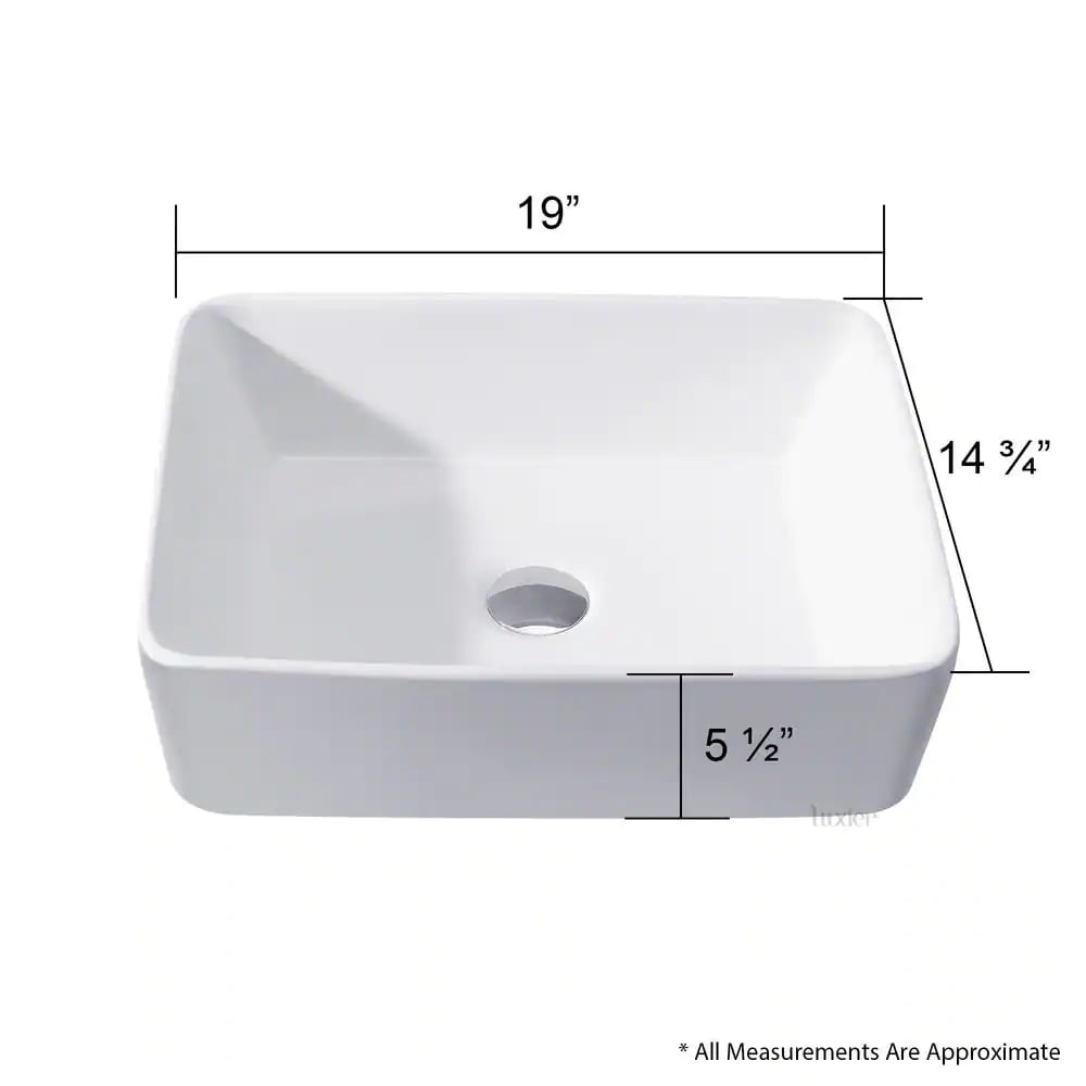 LUXIER Rectangular Bathroom Ceramic Vessel Sink Art Basin. White. CS-013 Vessel Sink