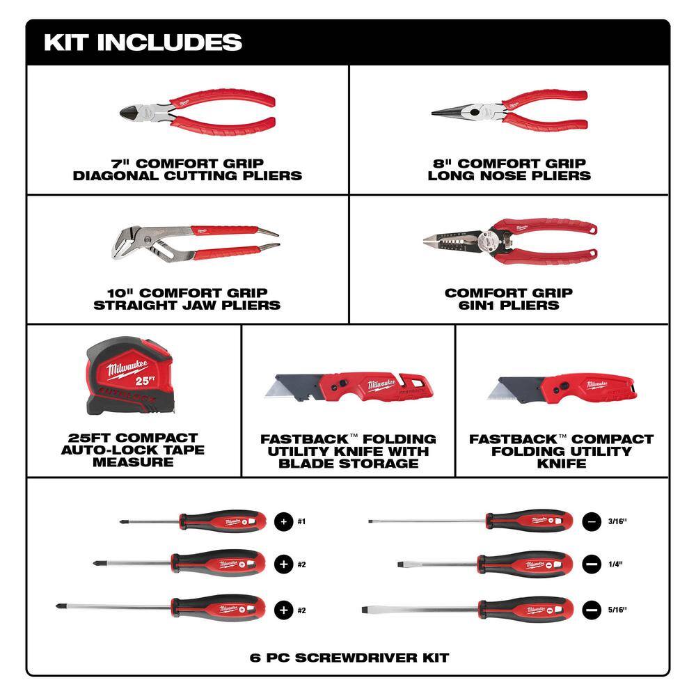Milwaukee 48-22-6331-48-22-3079SB Pliers Kit with Screwdriver Set. 25 ft. Auto Lock Tape Measure. and FASTBACK Utility Knives Hand Tool Set (13-Piece)