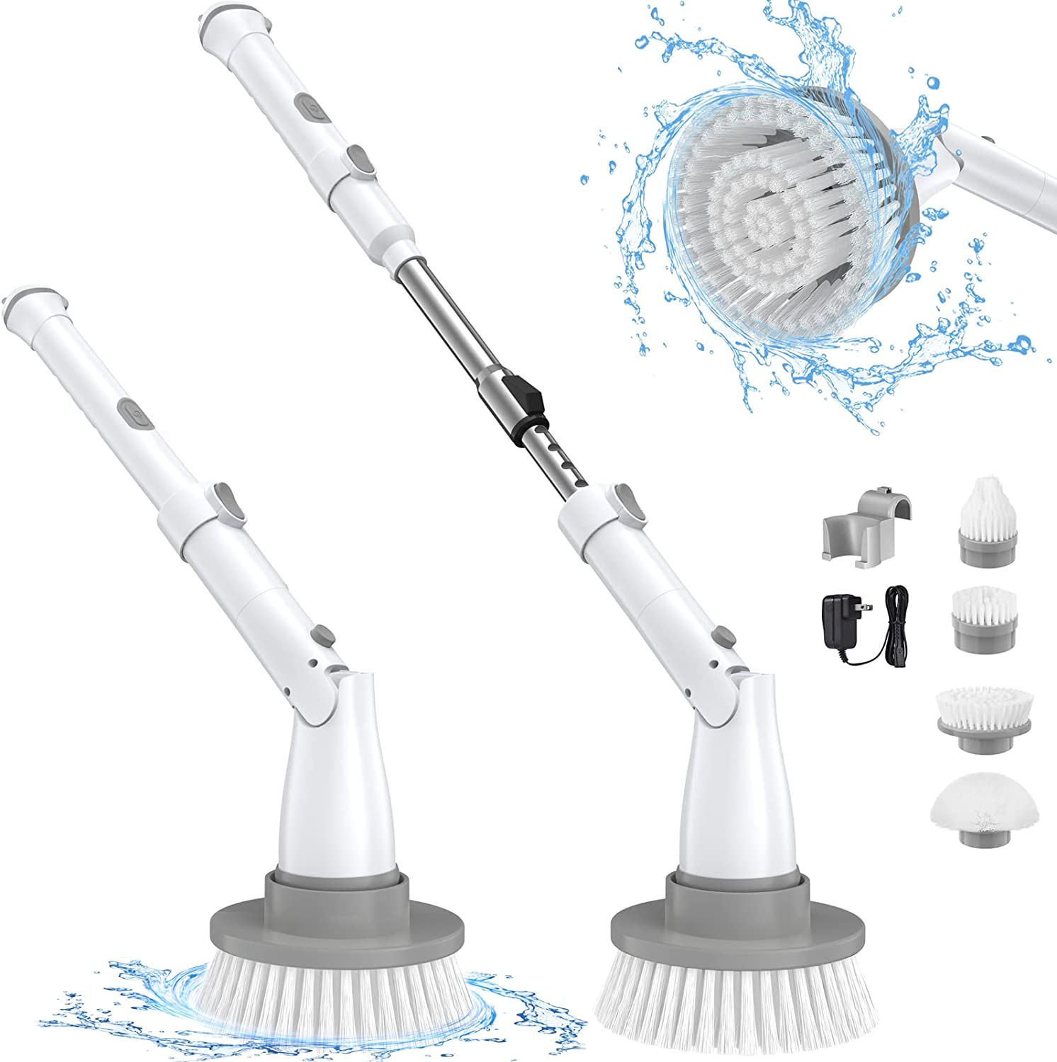 Sweepulire Electric Spin Scrubber AL6-W Pro. Cordless Household Cleaning Brush with Adjustable Extension Arm. 4 Replacement Brush Head. Power Shower Scrubber for Bathroom Tile Floor Wall Grout Bathtub