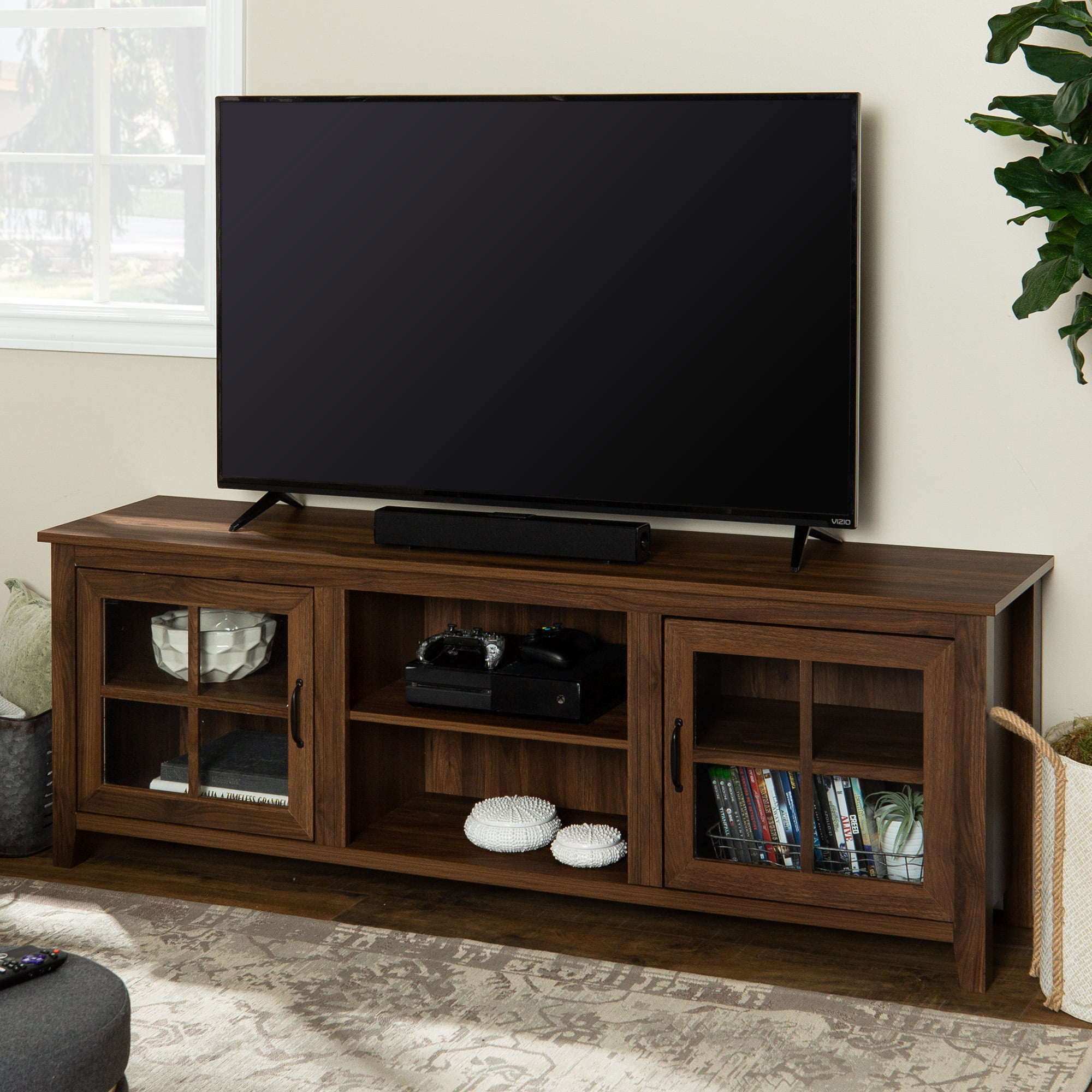 Manor Park Modern Farmhouse TV Stand for TVs Up to 78″. Dark Walnut