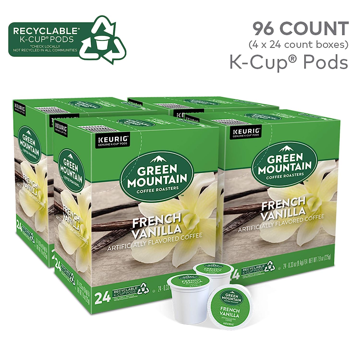 Green Mountain Coffee Roasters French Vanilla. Single-Serve Keurig K-Cup Pods. Flavored Light Roast Coffee Pods. 96 Count