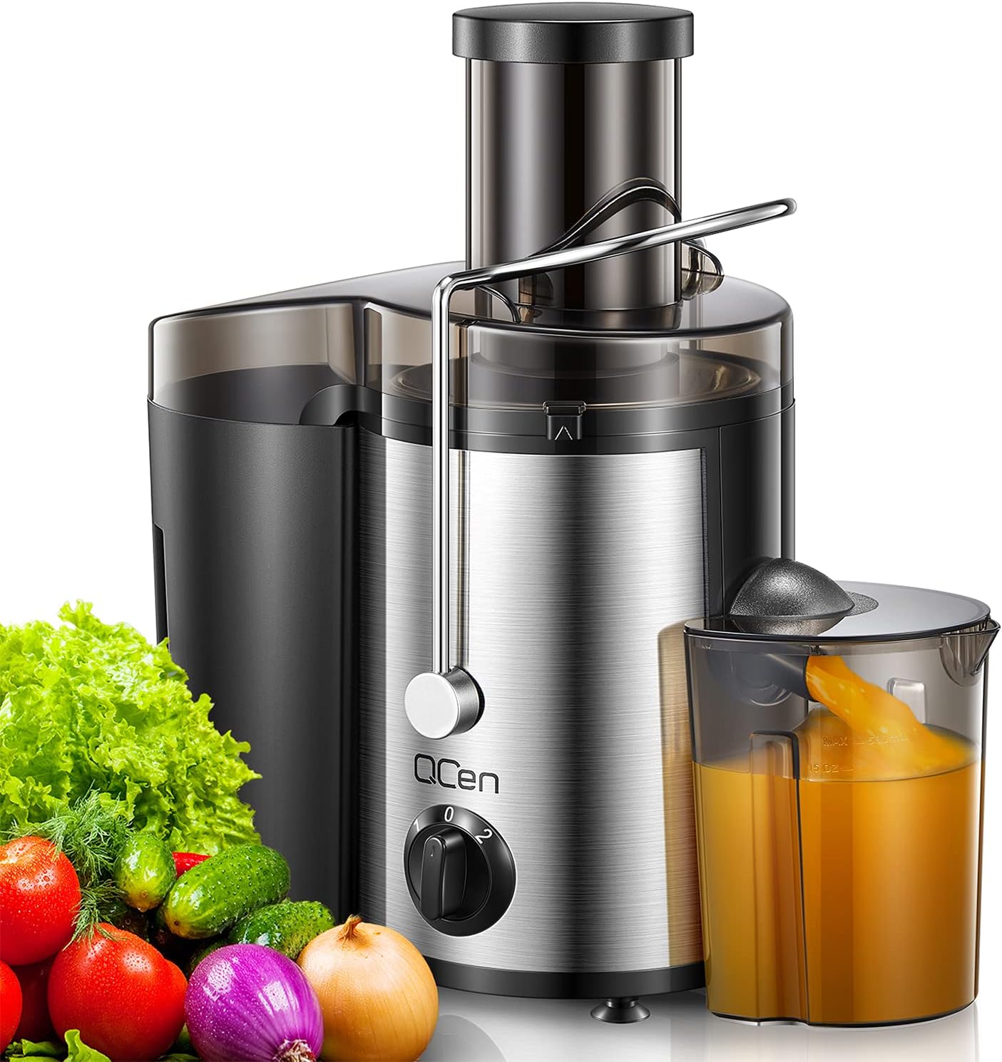 QCen Juicer Machine. 500W Centrifugal Juicer Extractor with Wide Mouth 3 Feed Chute for Fruit Vegetable. Easy to Clean. Stainless Steel. BPA-free. (Black) (Black)