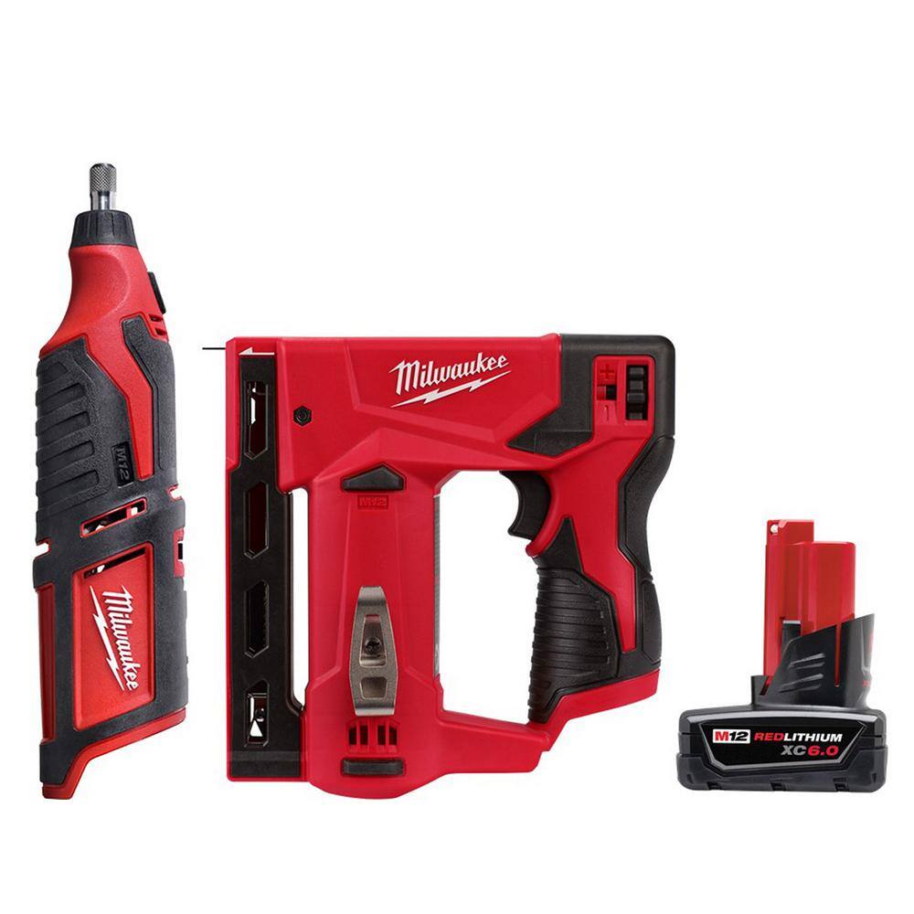 Milwaukee  M12 12V Lithium-Ion Cordless Rotary Tool with M12 3/8 in. Crown Stapler and 6.0 Ah XC Battery Pack
