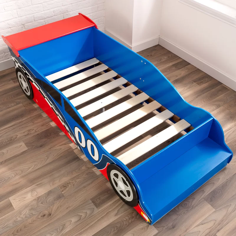 KidKraft Wooden Racecar Toddler Bed with Built-In Bench and Bed Rails - Red and Blue