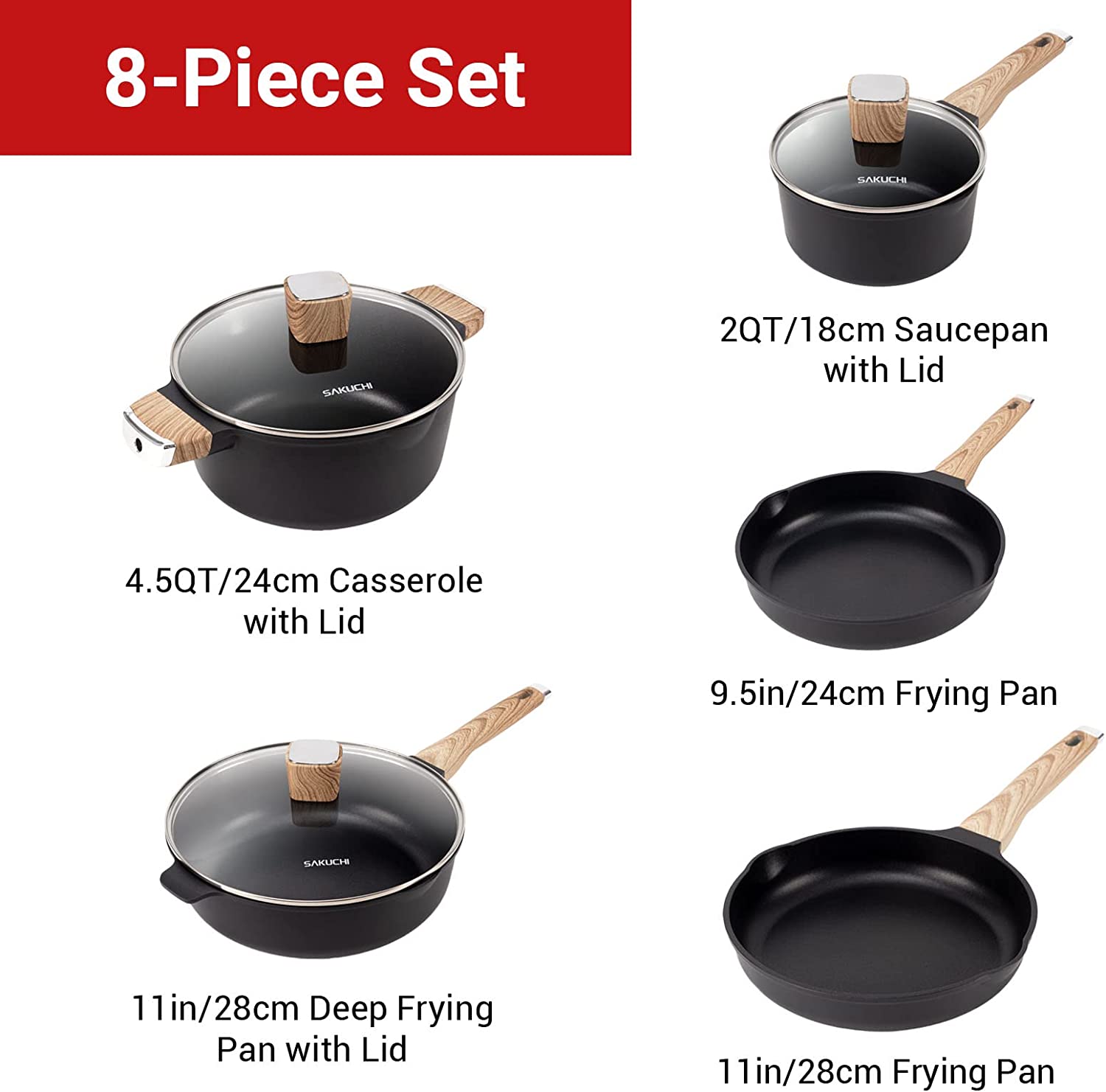 Sakuchi 8 Sets Of 5 POTS.Induction Cookware.Nonstick Kitchen Cookware Set.1.Induction Compatible with Frying Pan.2.Saucepan.3.Sauté Pan.4.Grill Pan.5.Grill Pan.Cooking Pots.NO PFOA
