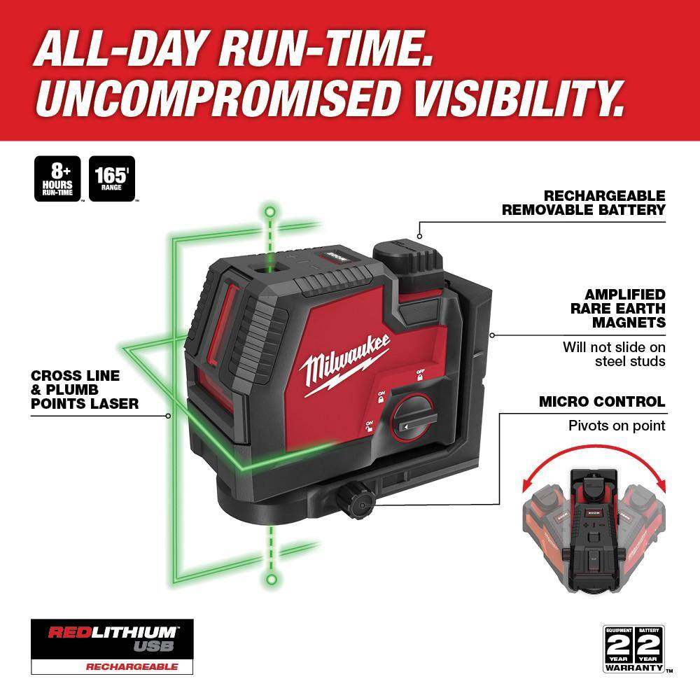Milwaukee 3522-21-48-35-1313 Green 100 ft. Cross Line and Plumb Points Rechargeable Laser Level with USB Lithium-Ion Battery. Charger and Track Clip