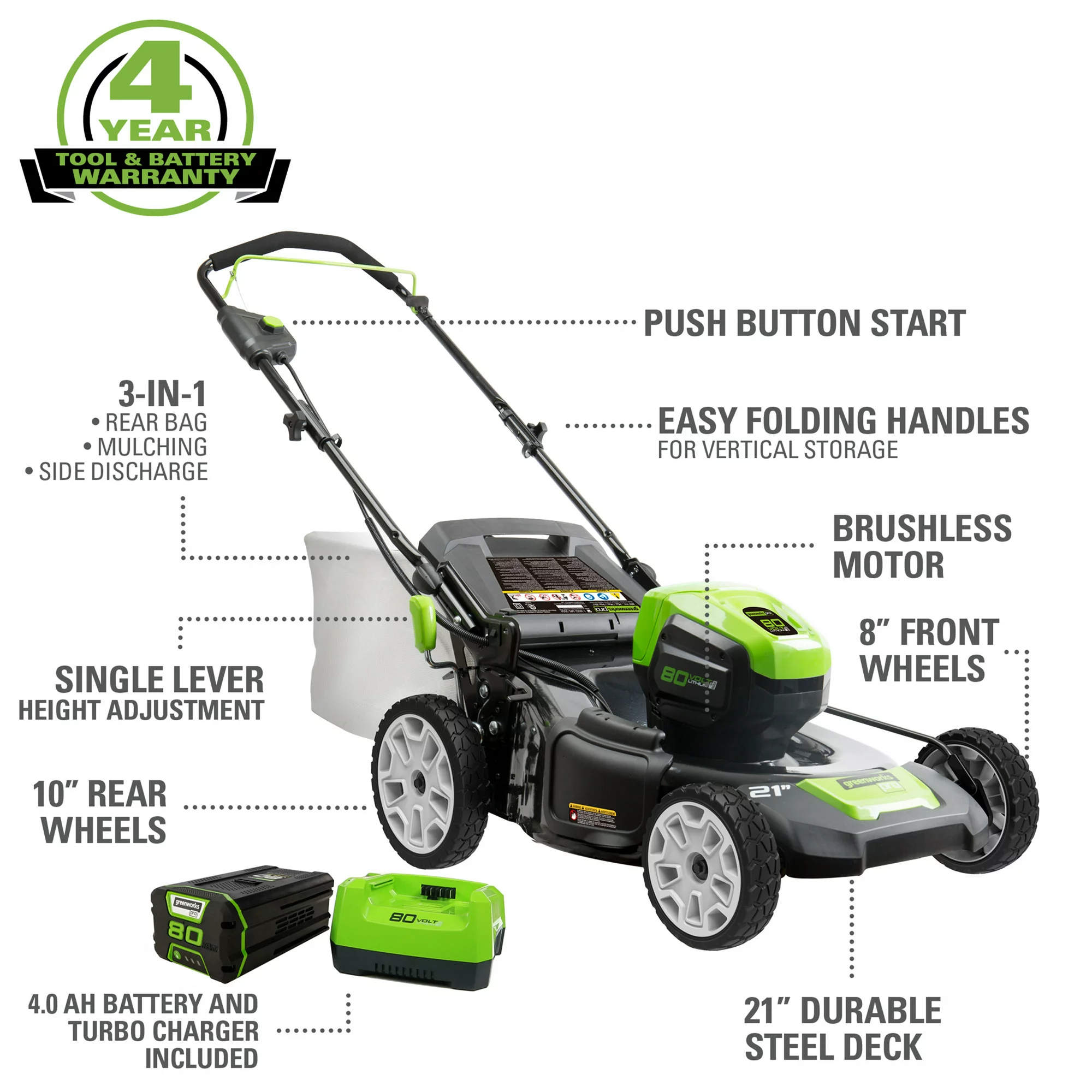 Greenworks 80V 21″ Push Mower. 4Ah Battery and Charger 2501202VT
