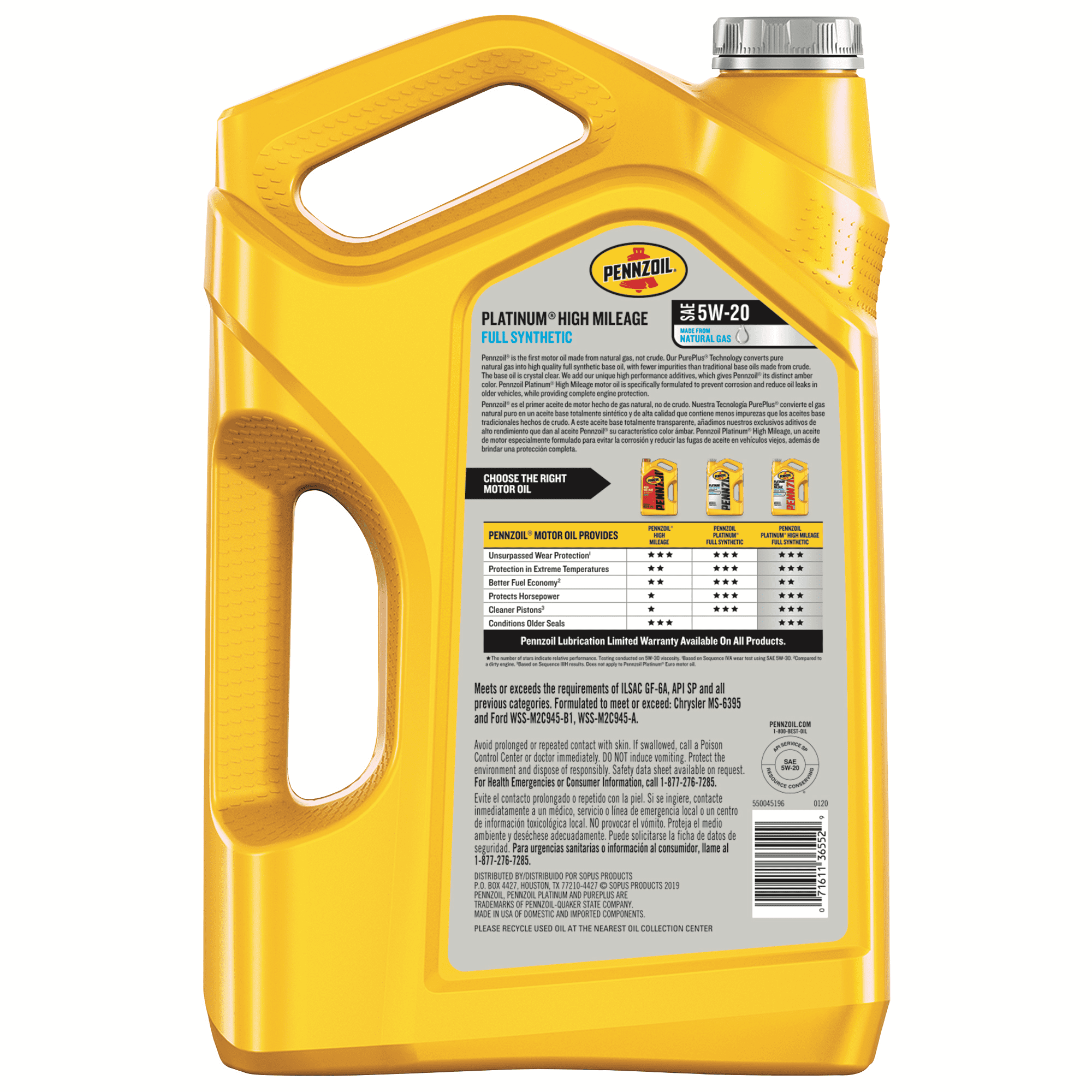 Pennzoil Platinum Full Synthetic High Mileage 5W-20 Motor Oil. 5 Quart