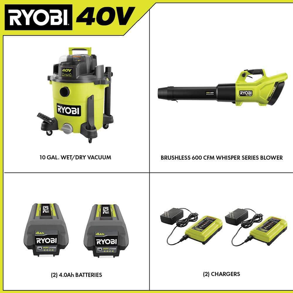 RYOBI RY40WD01K-RY404130VNM 40V 10 Gal. Cordless Wet/Dry Vacuum with 40V HP Brushless Whisper Series Leaf Blower. (2) Batteries. and (2) Chargers