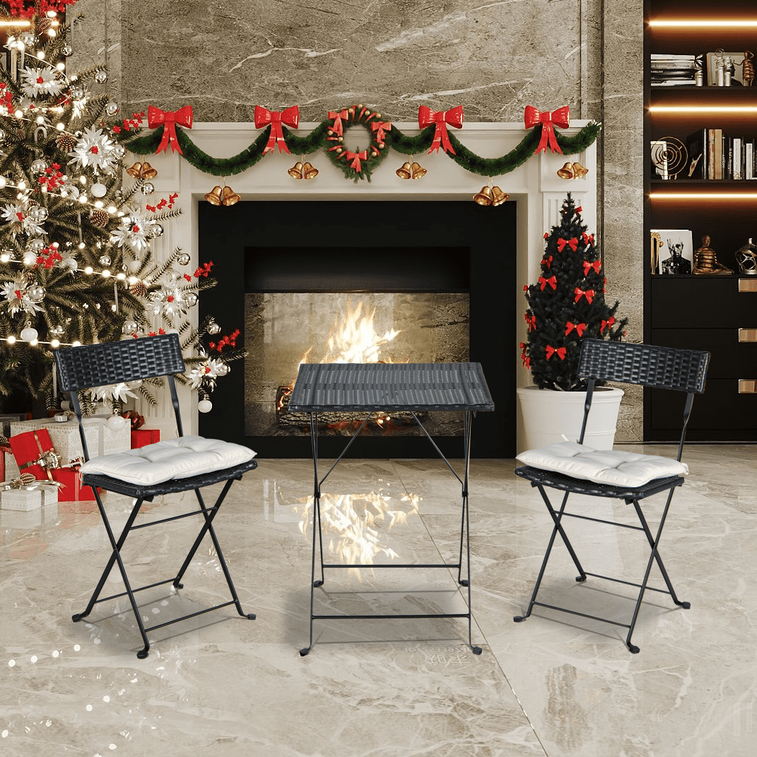 SUGIFT Folding Bistro Set One Table With Two Chairs And Two Beige Cushion Patio Beach Pool Black PE Wicker