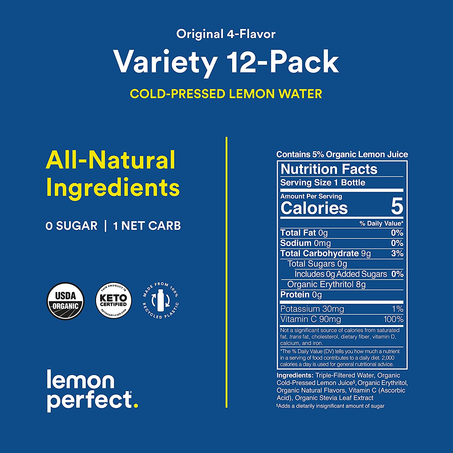 Lemon Perfect. Organic Cold-Pressed Lemon Water. Squeezed from Real Fruit. Variety Pack (12-Pack)