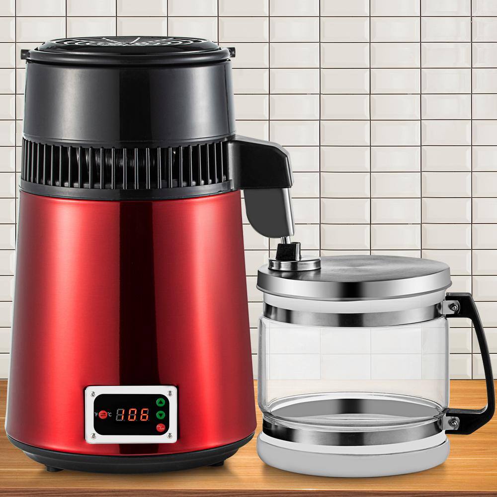 VEVOR  1.1 Gal. Water Distiller 750 Watt Digital Panel Stainless Steel Water Distiller Purifier Filter with Glass Container.Red