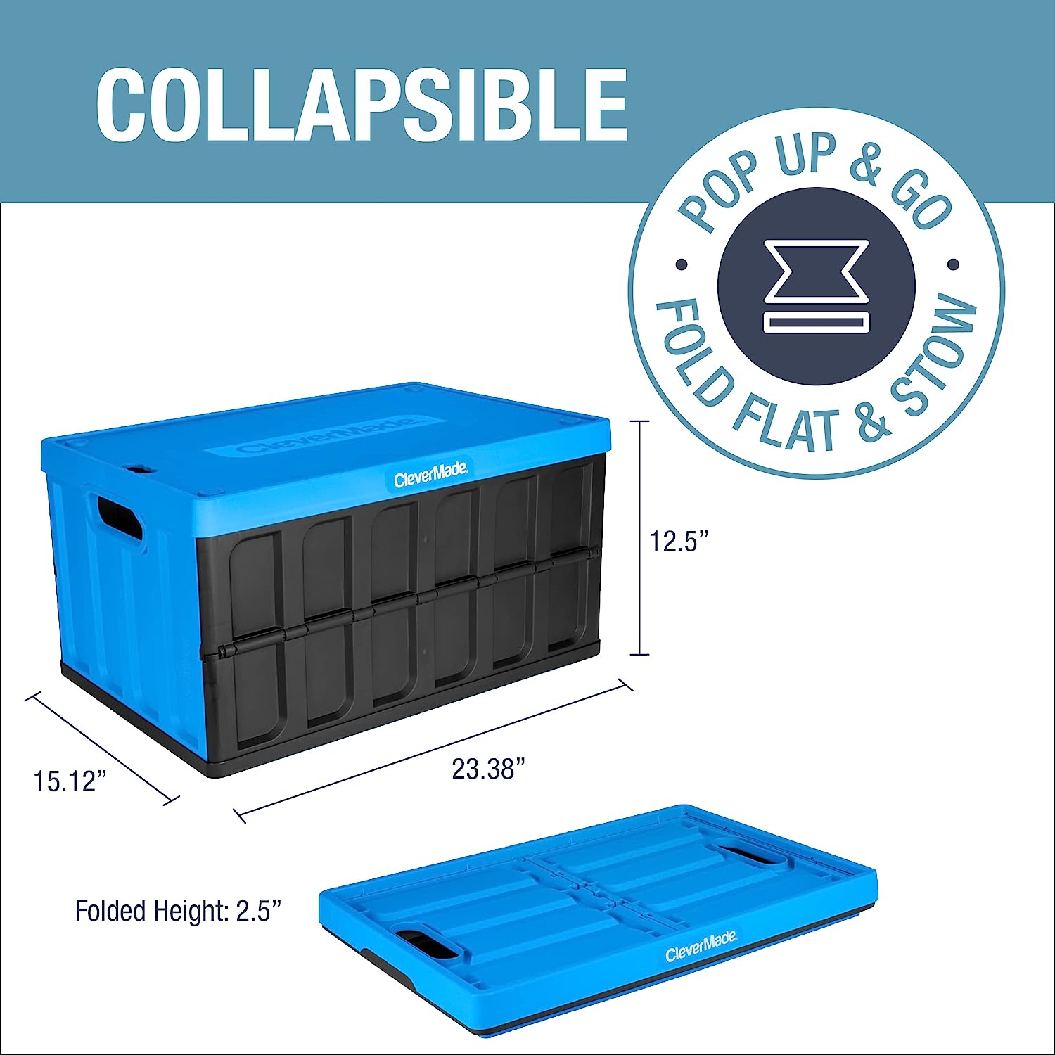 CleverMade 62L Collapsible Storage Bins with Lids - Folding Plastic Stackable Utility Crates. Solid Wall CleverCrates. 3 Pack. Neptune Blue