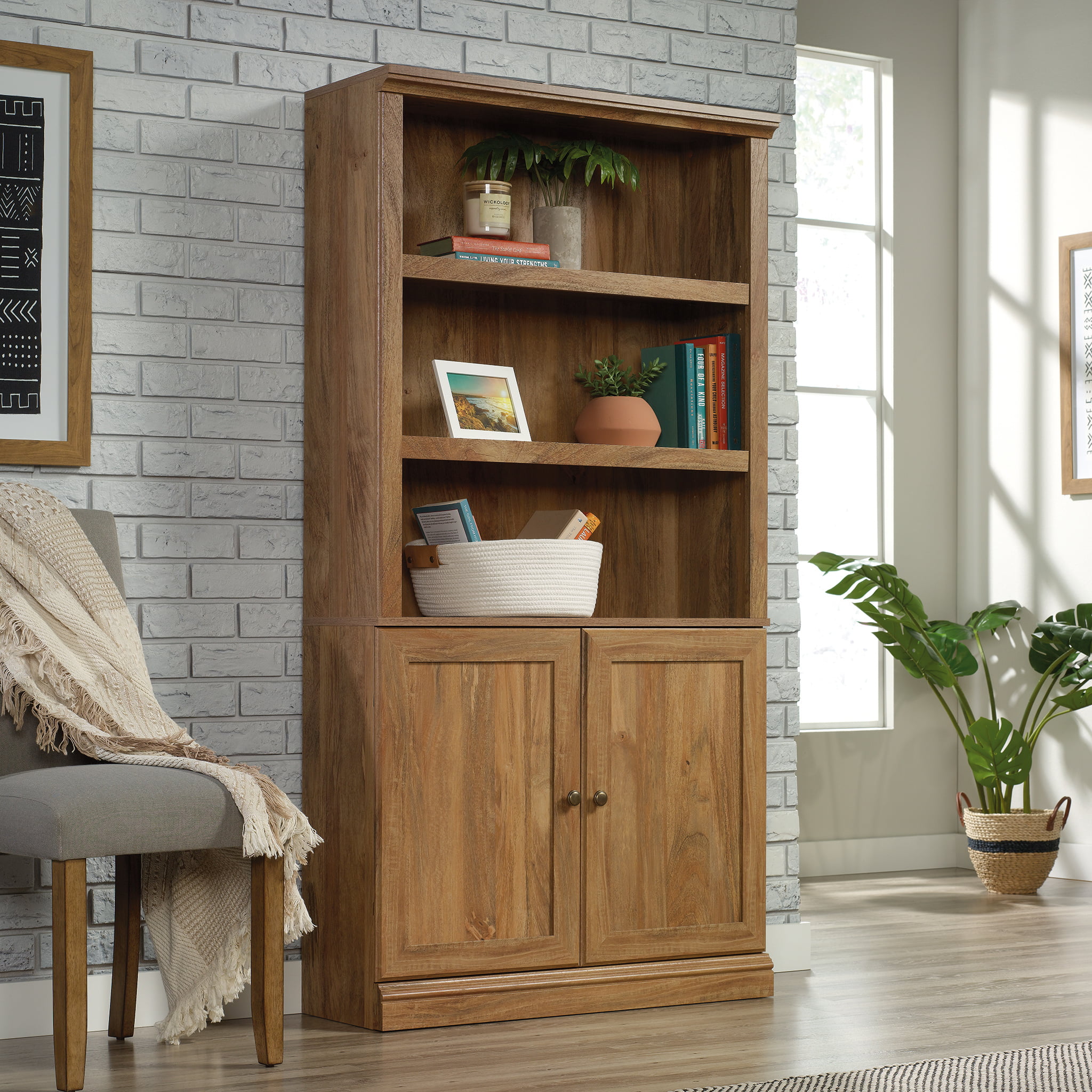 Sauder 5-Shelf Bookcase with 2 Doors. Sindoori Mango Finish