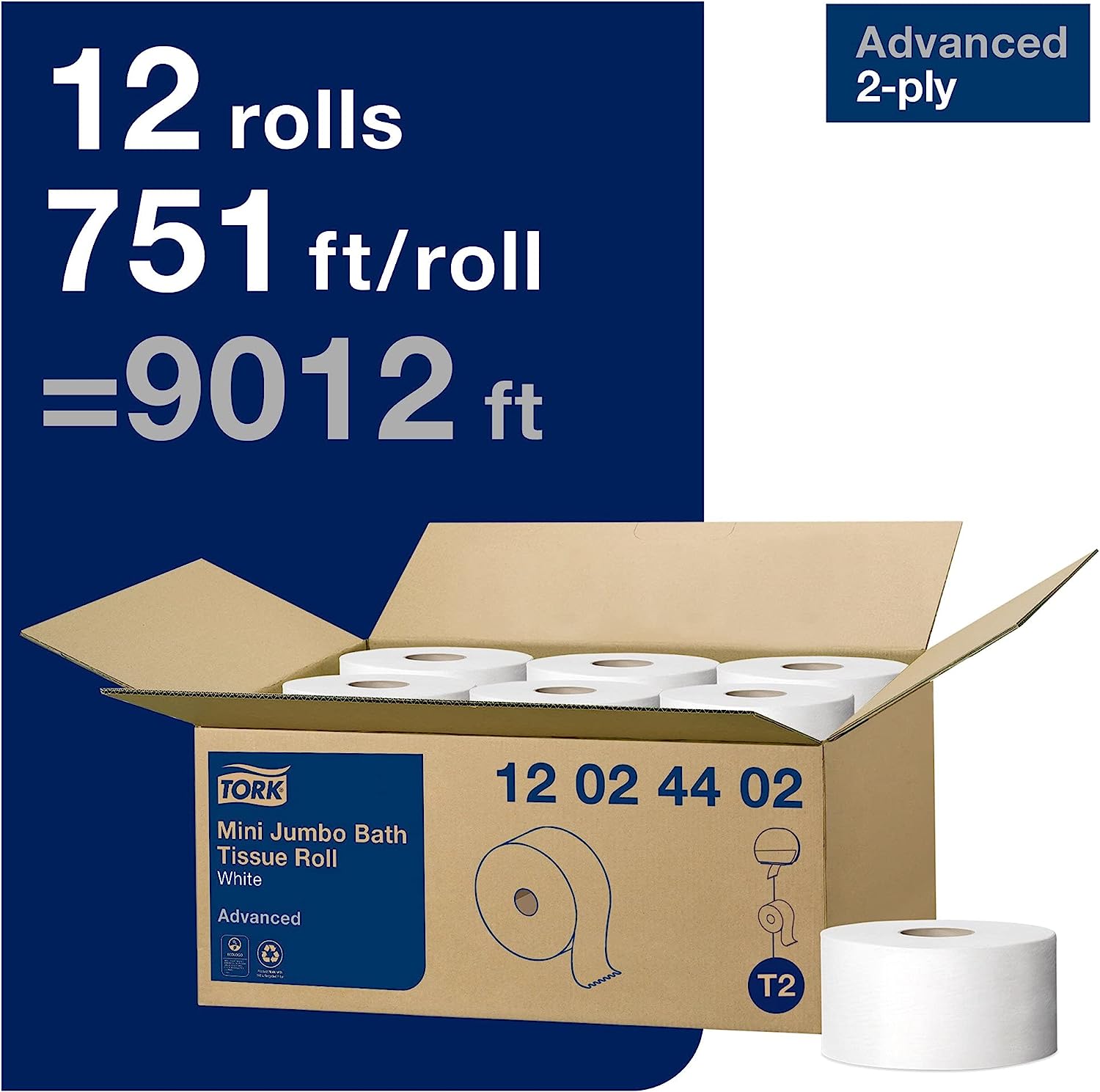 Tork Mini Jumbo Toilet Paper Roll White T2. Advanced. 2-Ply. 12 x 751′. 12024402