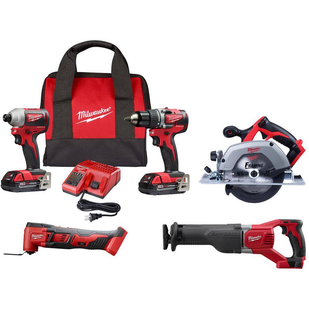 Milwaukee 2892-22CT-2626-20-2630-20-2621-20 M18 18V Lithium-Ion Cordless Compact Drill/Impact/Multi-Tool/Circular Saw/Reciprocating Saw Combo Kit (5-Tool)
