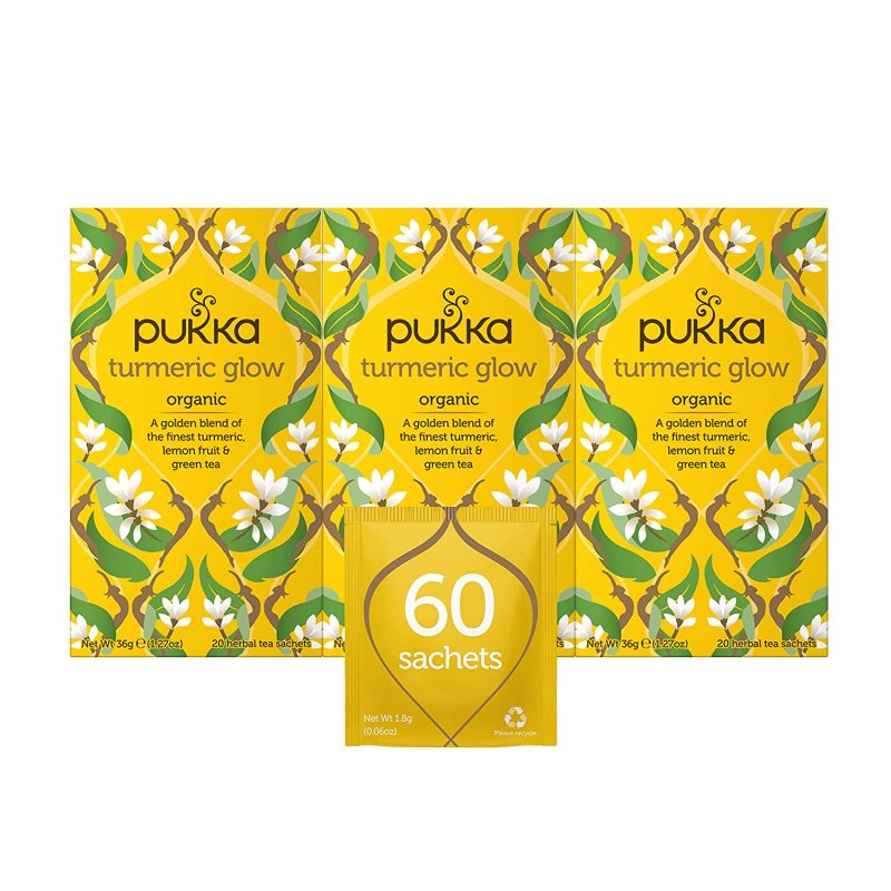 Pukka Turmeric Glow. Lemon & Whole Leaf Green Tea. 3 Pack. 60 Tea Bags