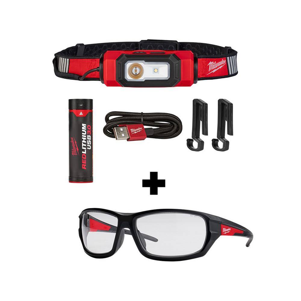 Milwaukee 2116-21-48-73-2020 600 Lumens LED REDLITHIUM USB 360-Degree Visibility Hard Hat Headlamp with Performance Safety Glasses